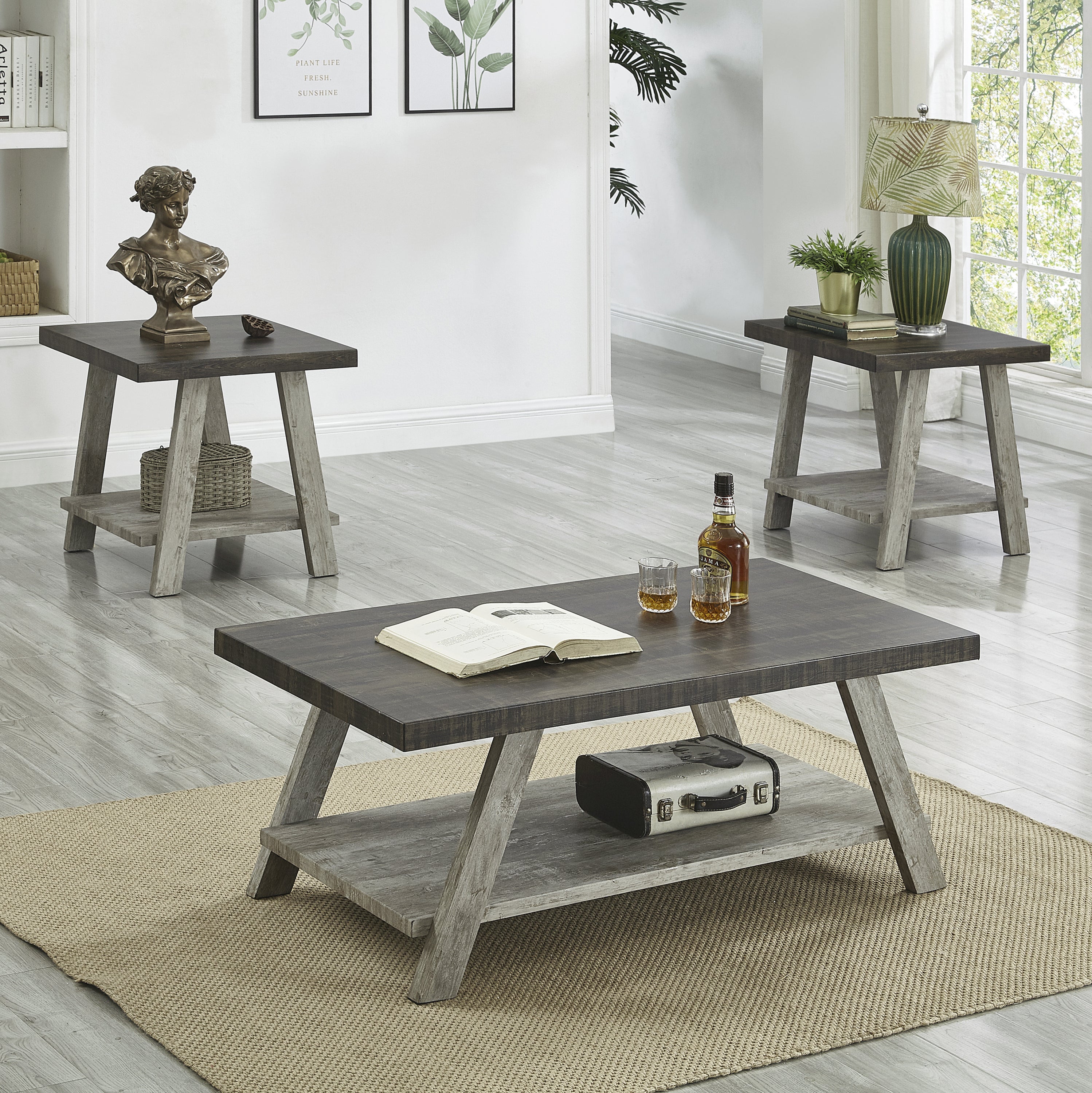 Athens Contemporary 3-Piece Wood Shelf Coffee Table Set in Weathered Walnut and Gray