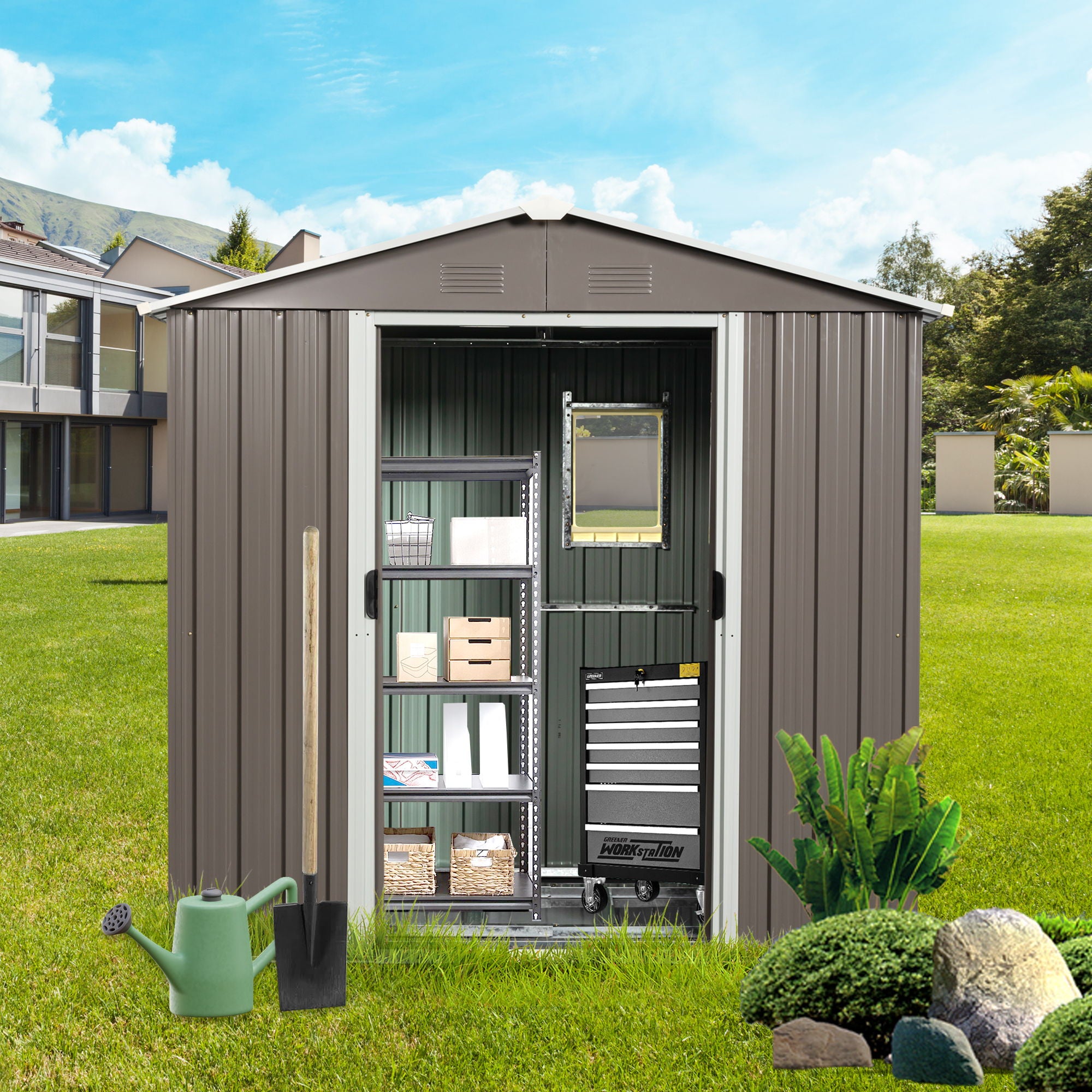 88.98" Outdoor Metal Storage Shed With Window