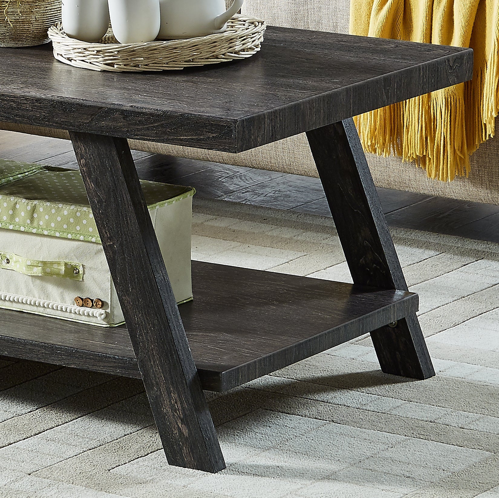 Athens Contemporary Replicated Wood Shelf Coffee Table in Charcoal Finish