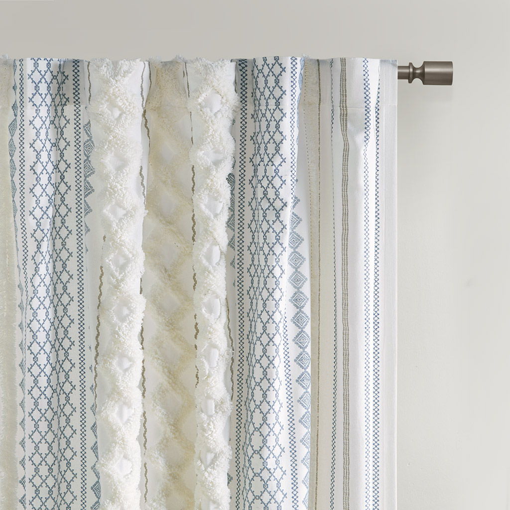 Imani - Cotton Printed Curtain Panel With Chenille Stripe and Lining - White / Navy