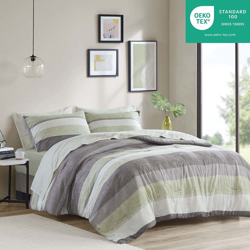 Jaxon - 7 Piece Full Stripe Comforter Set With Bed Sheets - Green / Gray