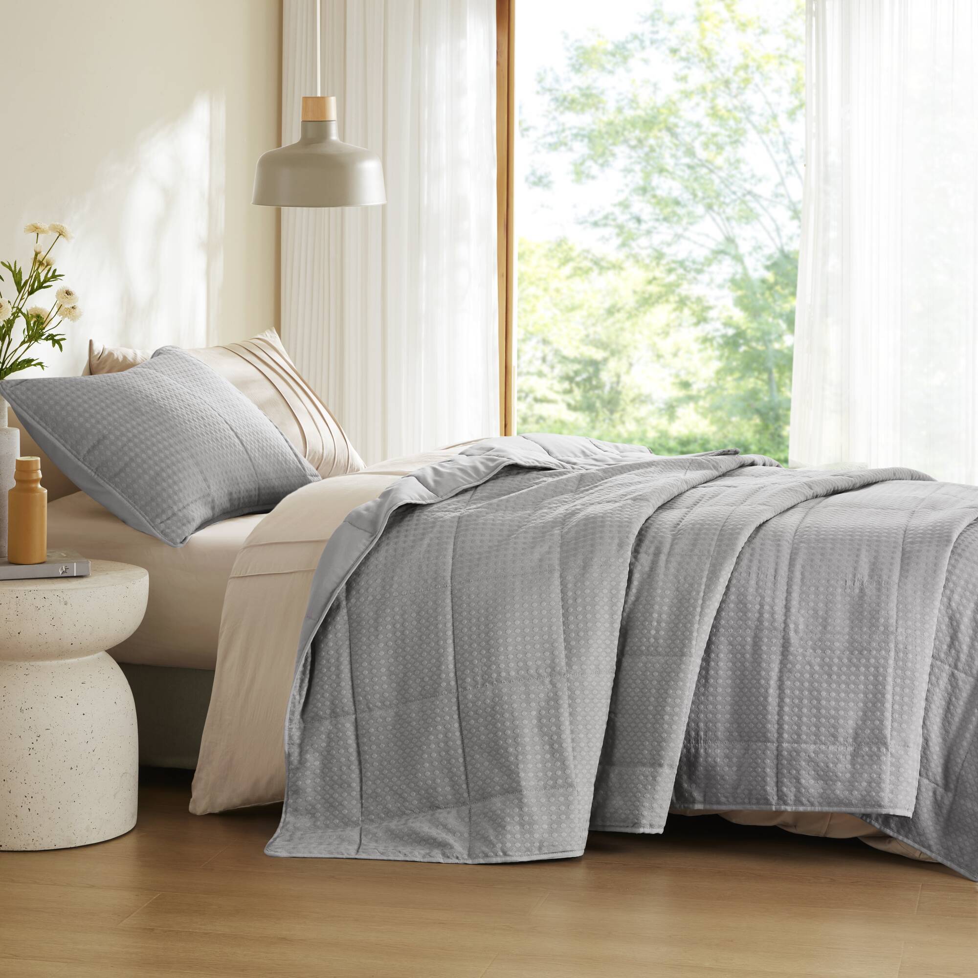Mina - Twin/Twin Long Waffle Weave Textured Quilt Set - Gray