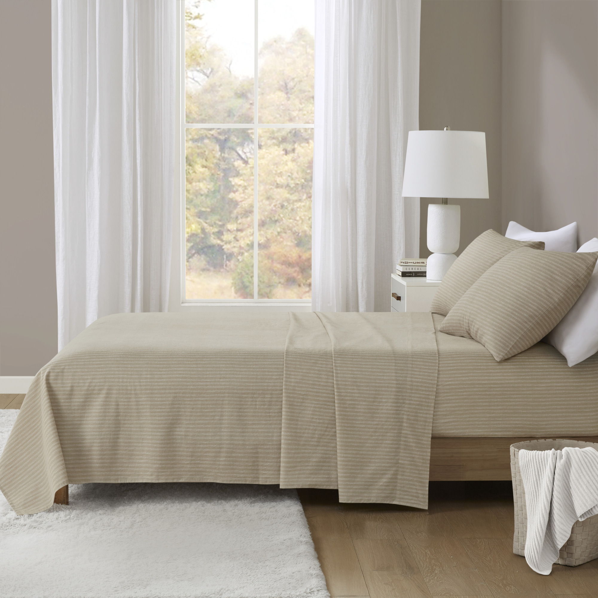 Cozy Cotton Flannel - California King Printed Sheet Set - Beige / White Stripes