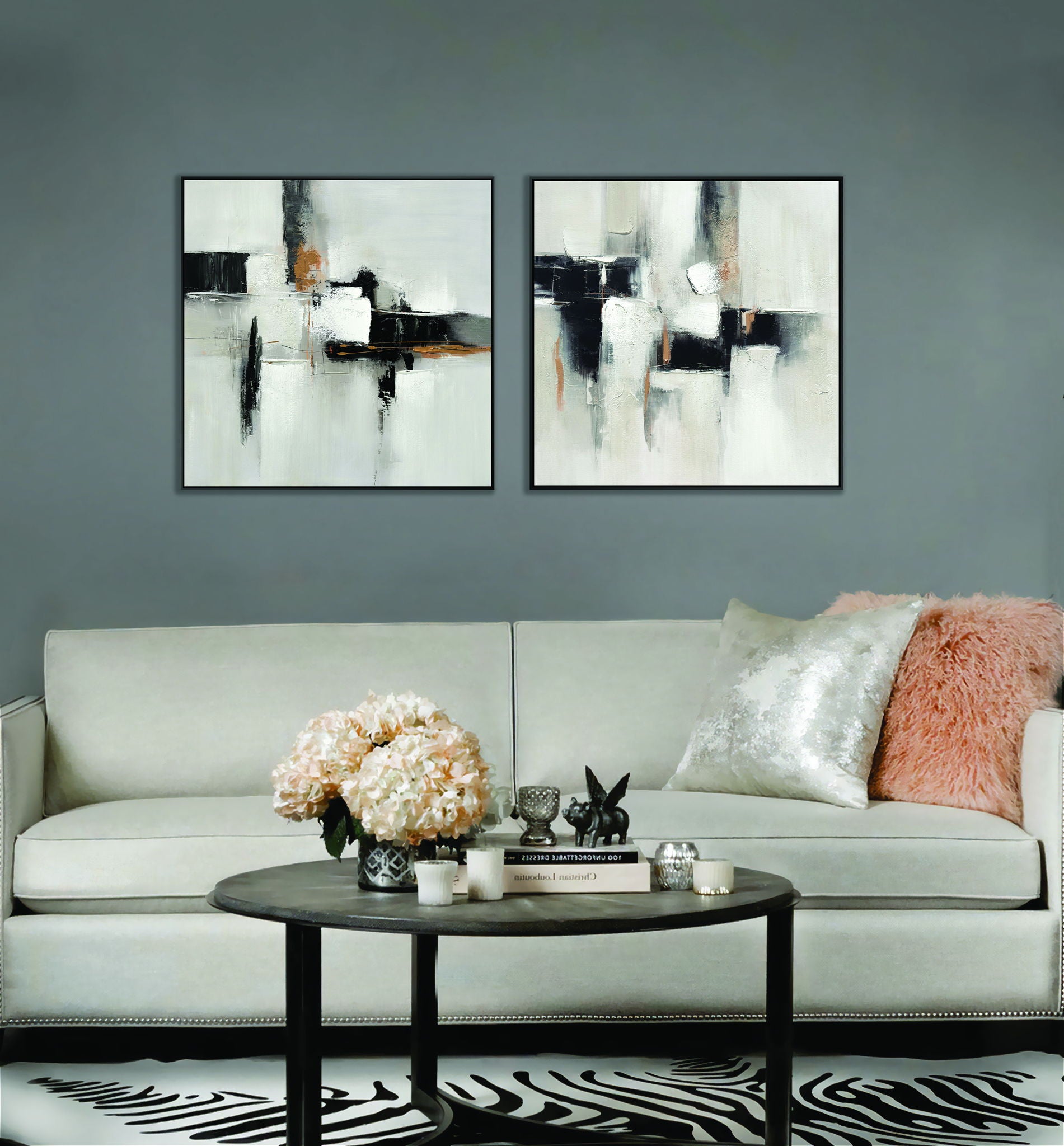"Urban Elegance II" Hand-Embellished Canvas In Frame - White / Black / Tan
