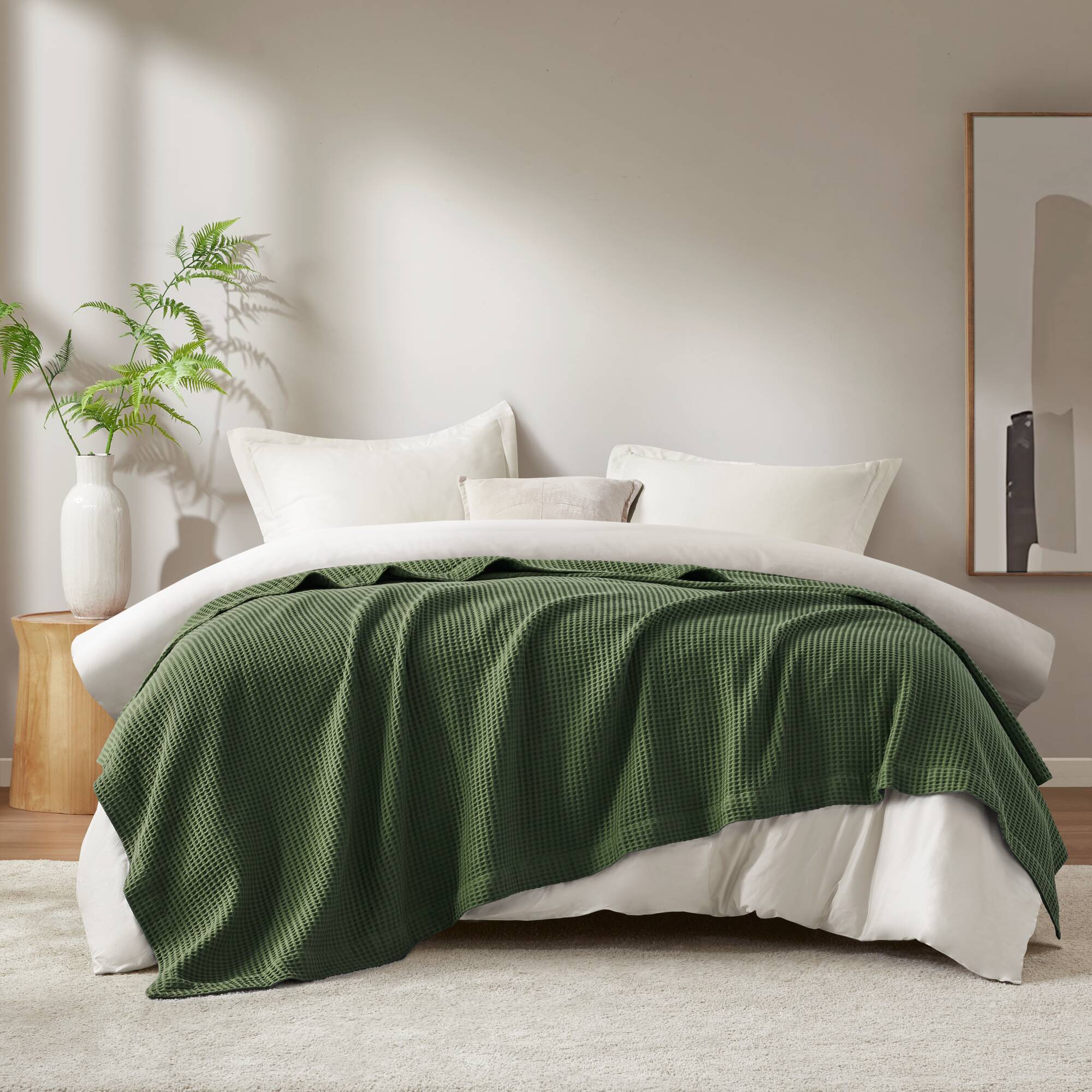 Waffle Weave - Twin Cotton Blanket - Olive Green
