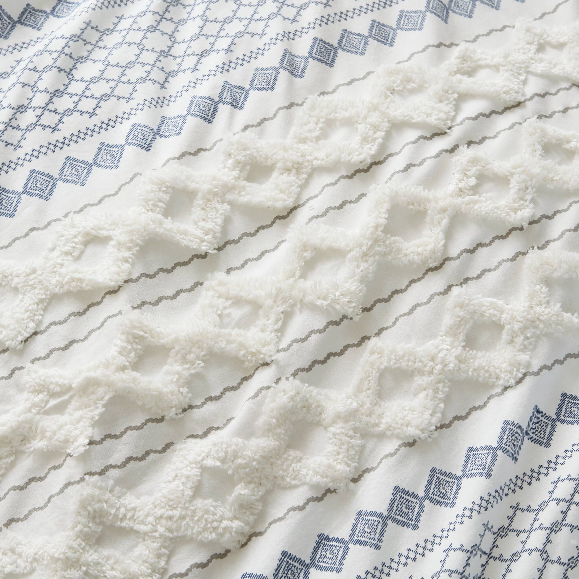 Imani - Cotton Printed Duvet Cover Set With Chenille - White / Navy