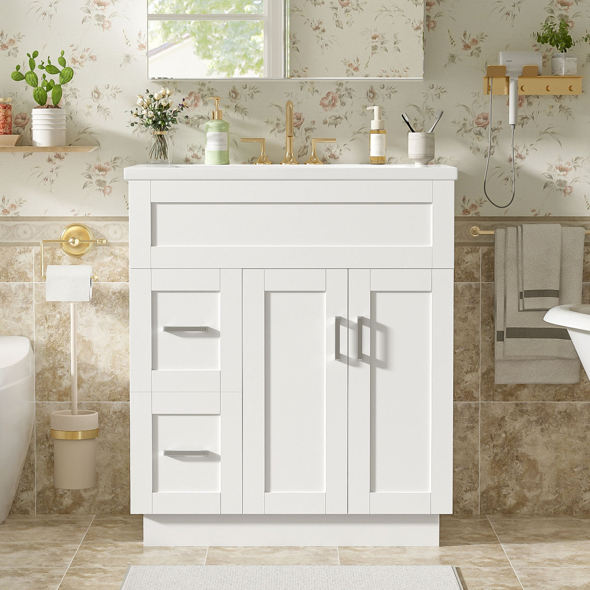 Bathroom Vanity With 2 Doors, 2 Drawers, Adjustable Shelf, Hidden Slides & Soft Close Hinges