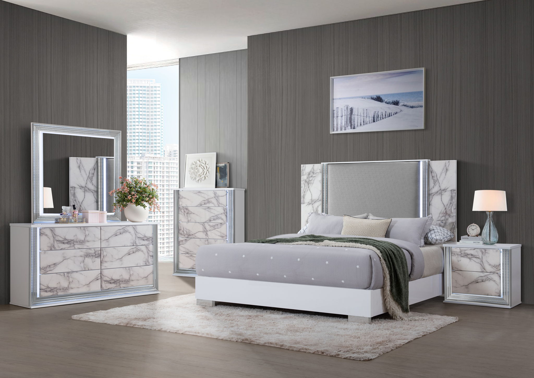 Ylime - King Bed Headboard With LED And Footboard - White
