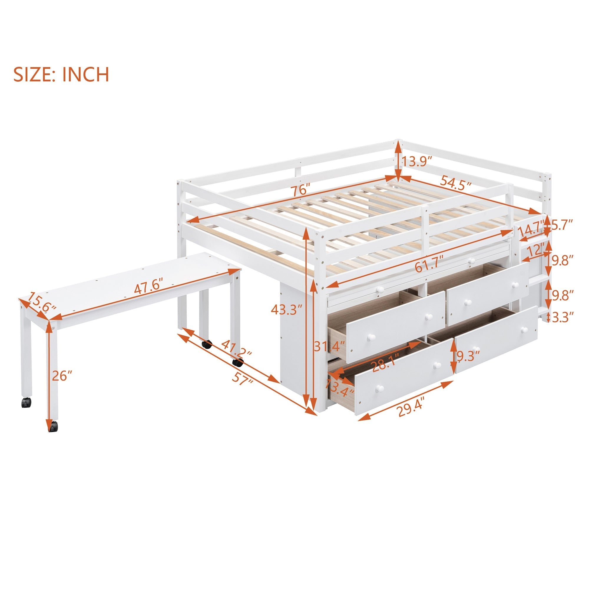 Full Size Loft Bed with Retractable Writing Desk and 4 Drawers, Wooden Loft Bed with Lateral Portable Desk and Shelves, White