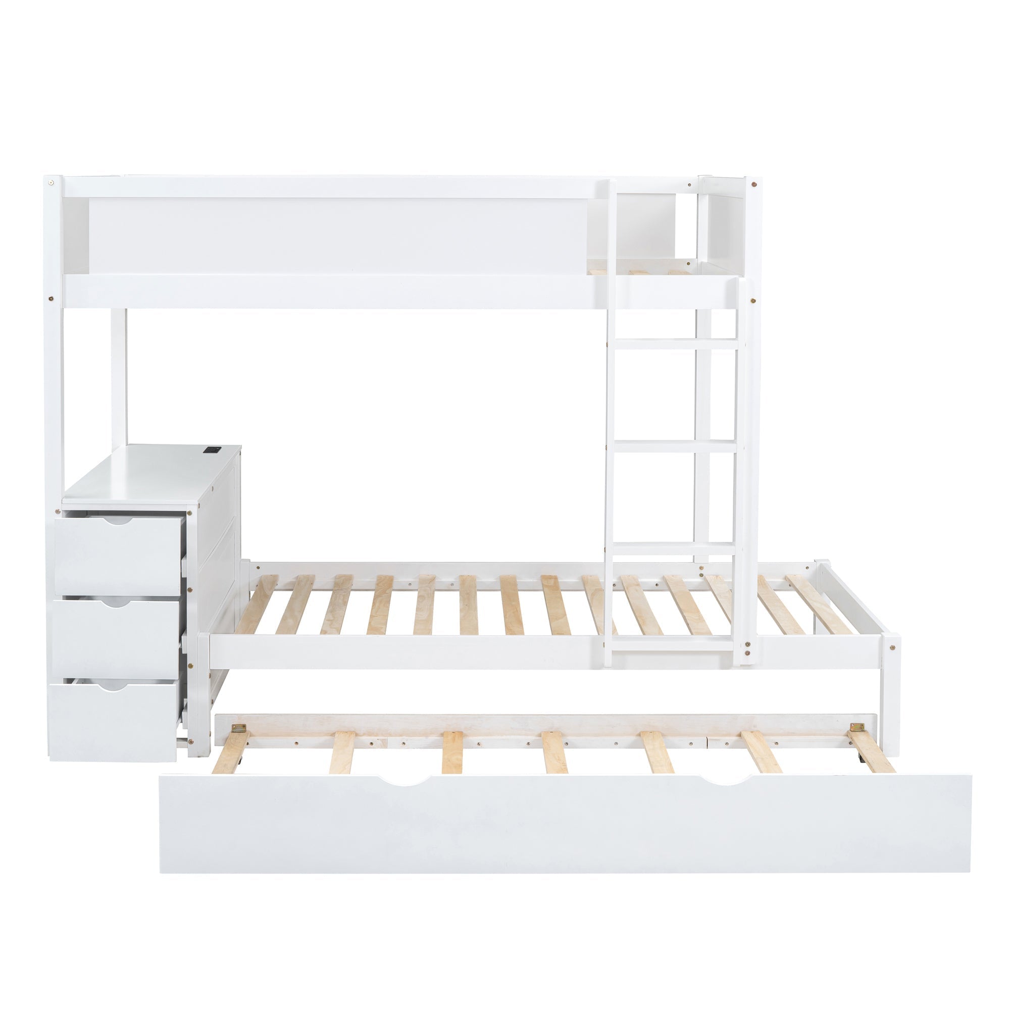 Twin-Over-Twin Bunk Bed with Twin size Trundle, Storage and Desk, White