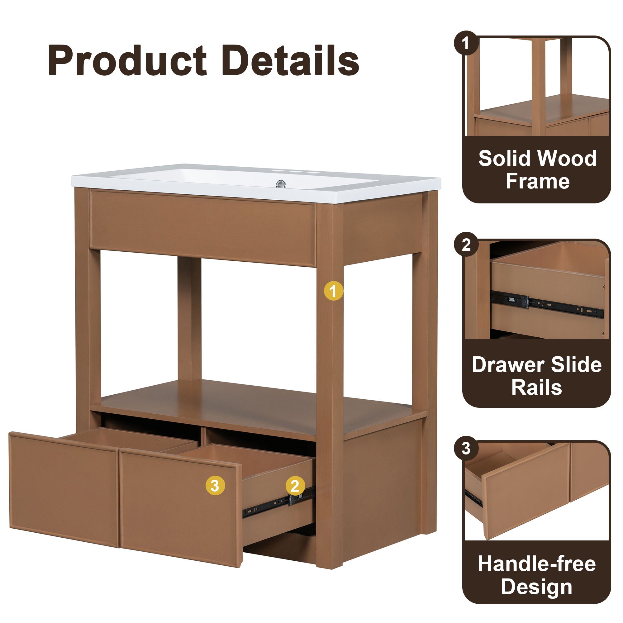 Bathroom Vanity Without Sink Top, Cabinet Base Only, Open Storage Shelf And Two Drawers - Brown