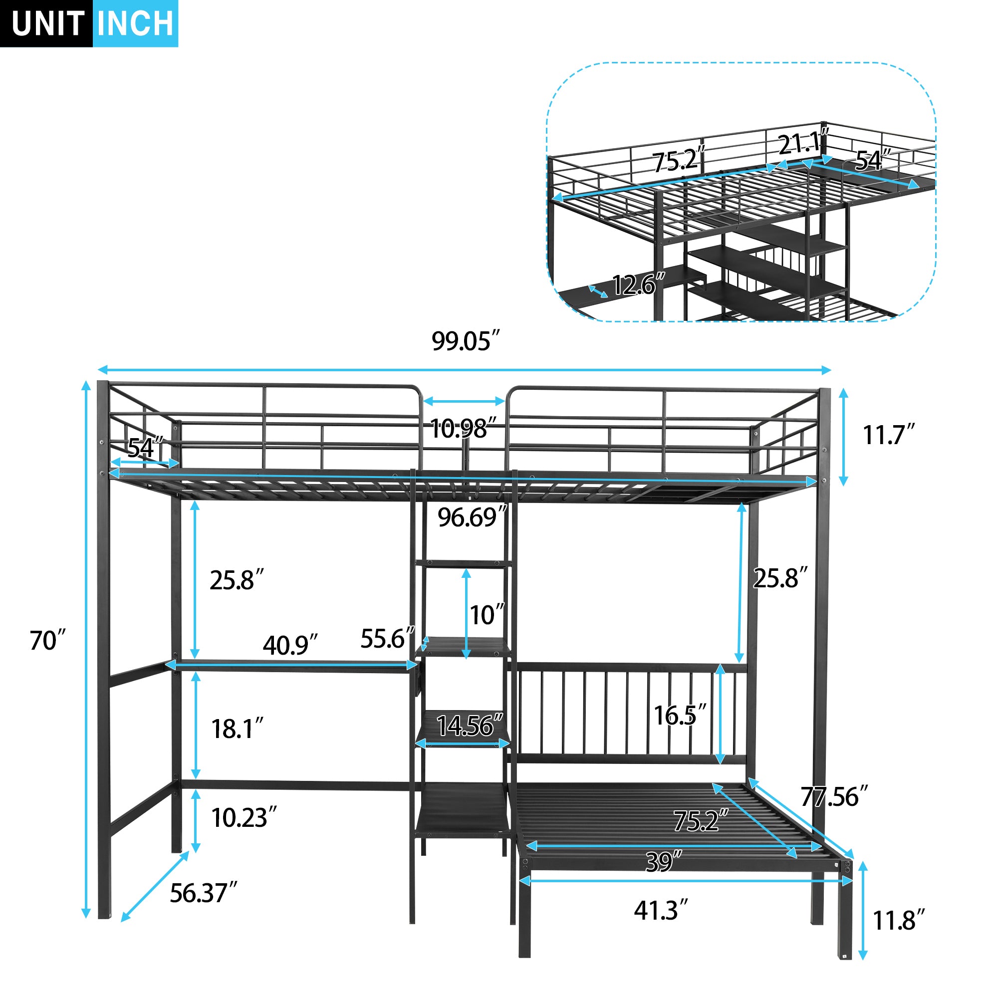 Full Over Twin Metal Bunk Bed with Built-in Desk, Shelves and Ladder, Black