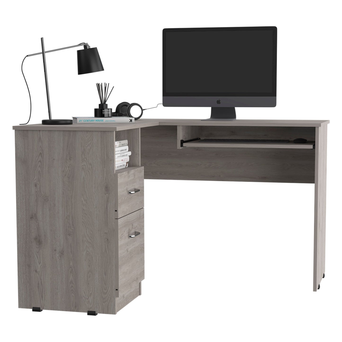 L-Shaped Desk Bradford, Keyboard Shelf, Light Gray Finish