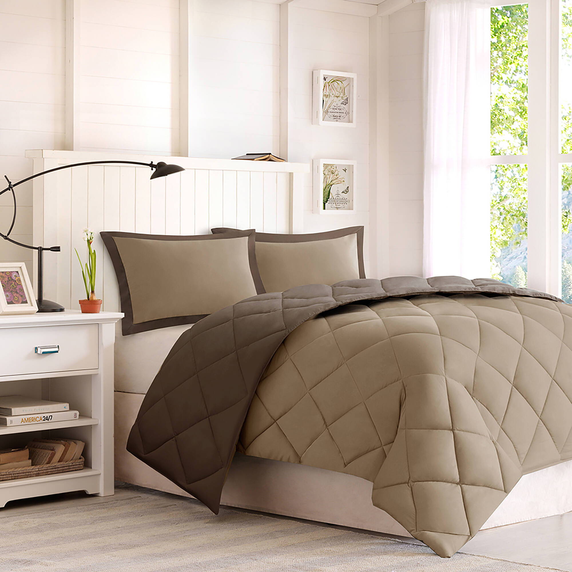 Larkspur - 3M Scotchgard Diamond Quilting Reversible Down Alternative Comforter Set - Brown / Sand
