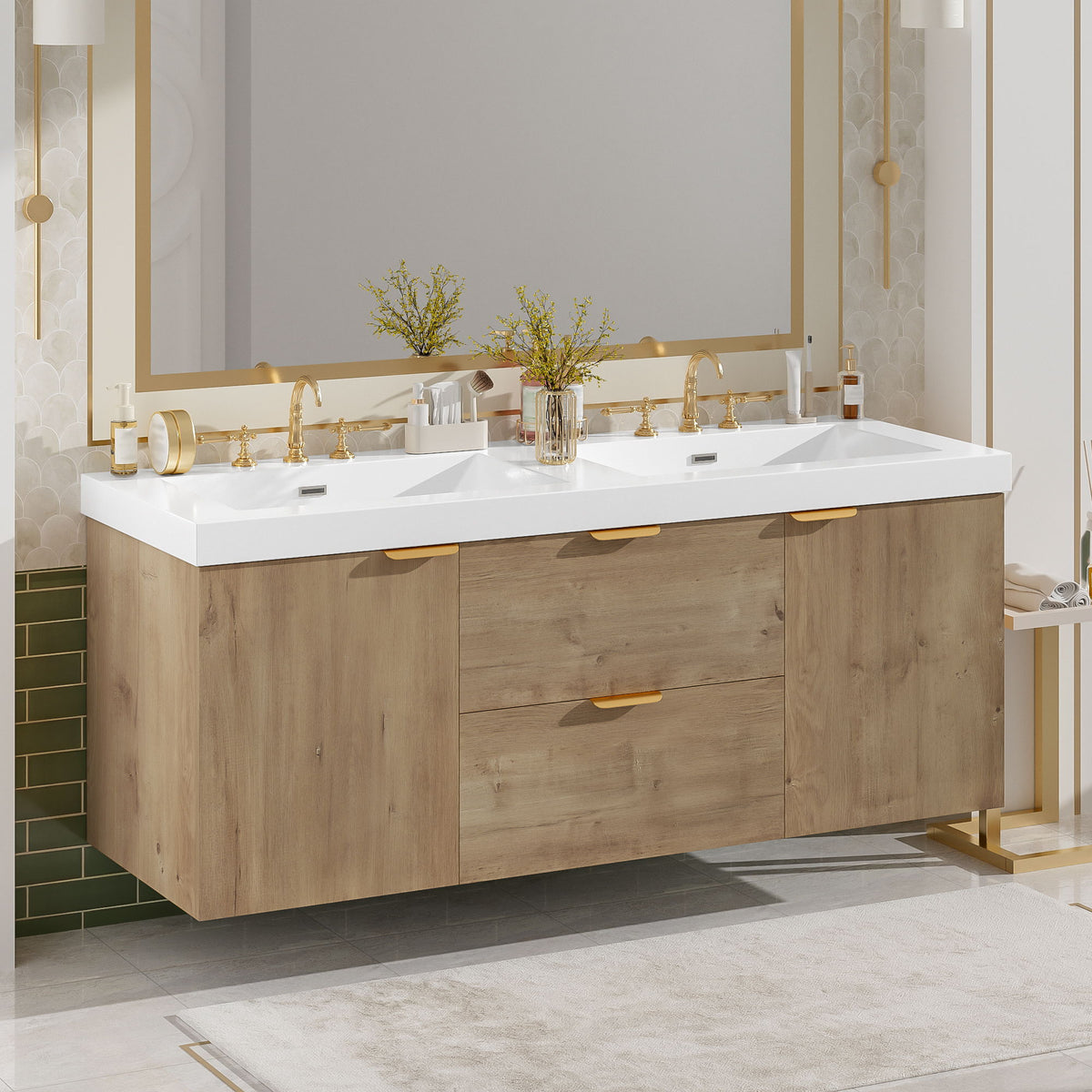 Double Sink Bathroom Vanity Soft Close Doors, Divided Drawers, Wall Mounted - Wood