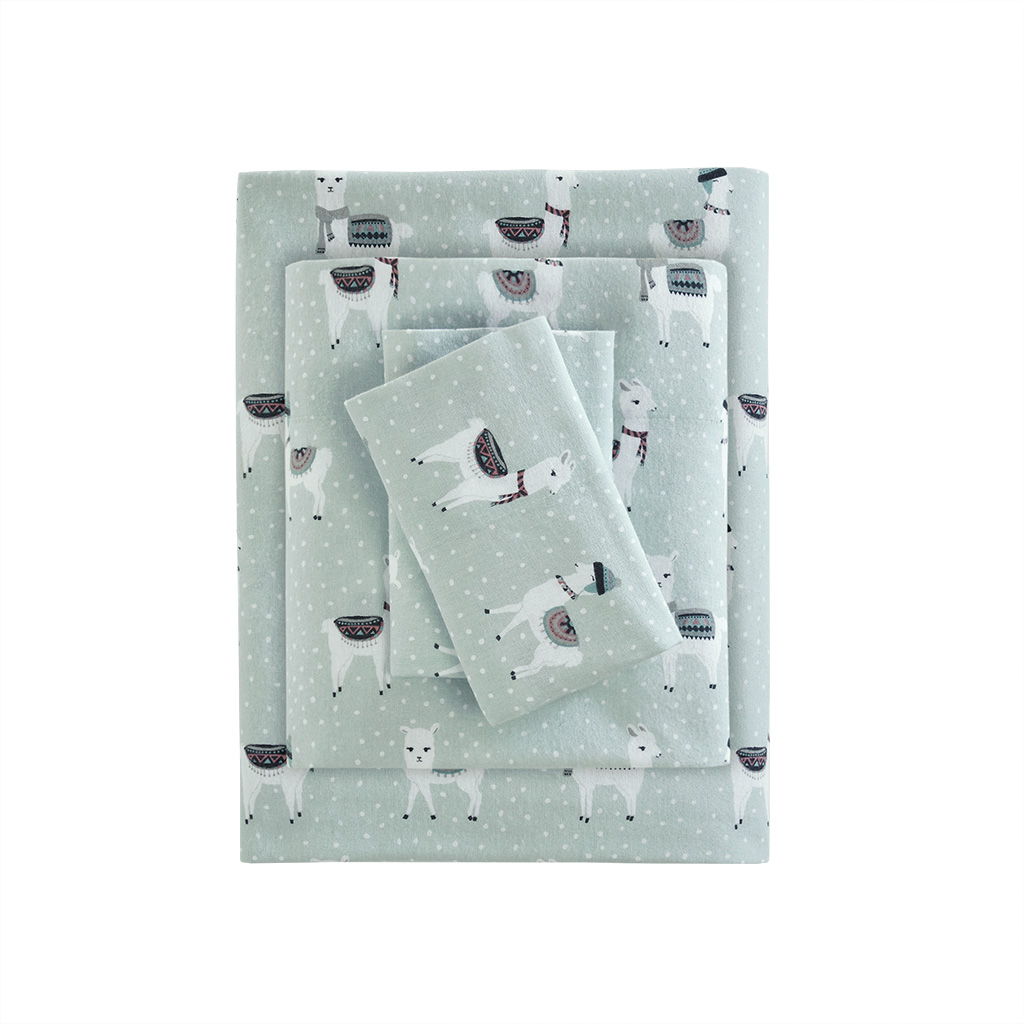 Cozy Flannel - Queen Printed Sheet Set - Seafoam Llama