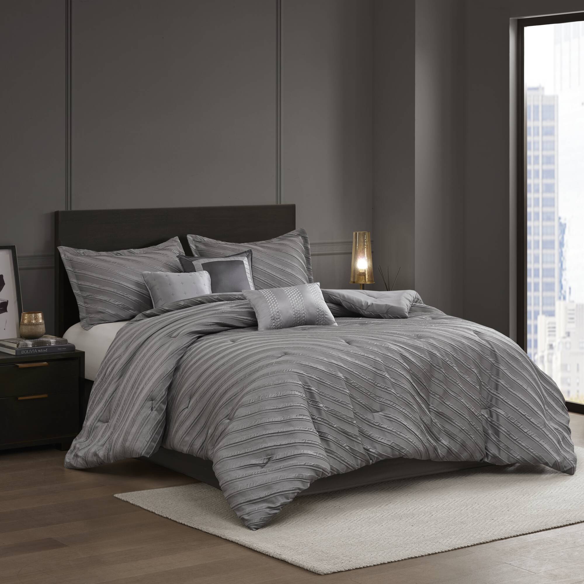 Riva - 7 Piece California King Comforter Set - Gray