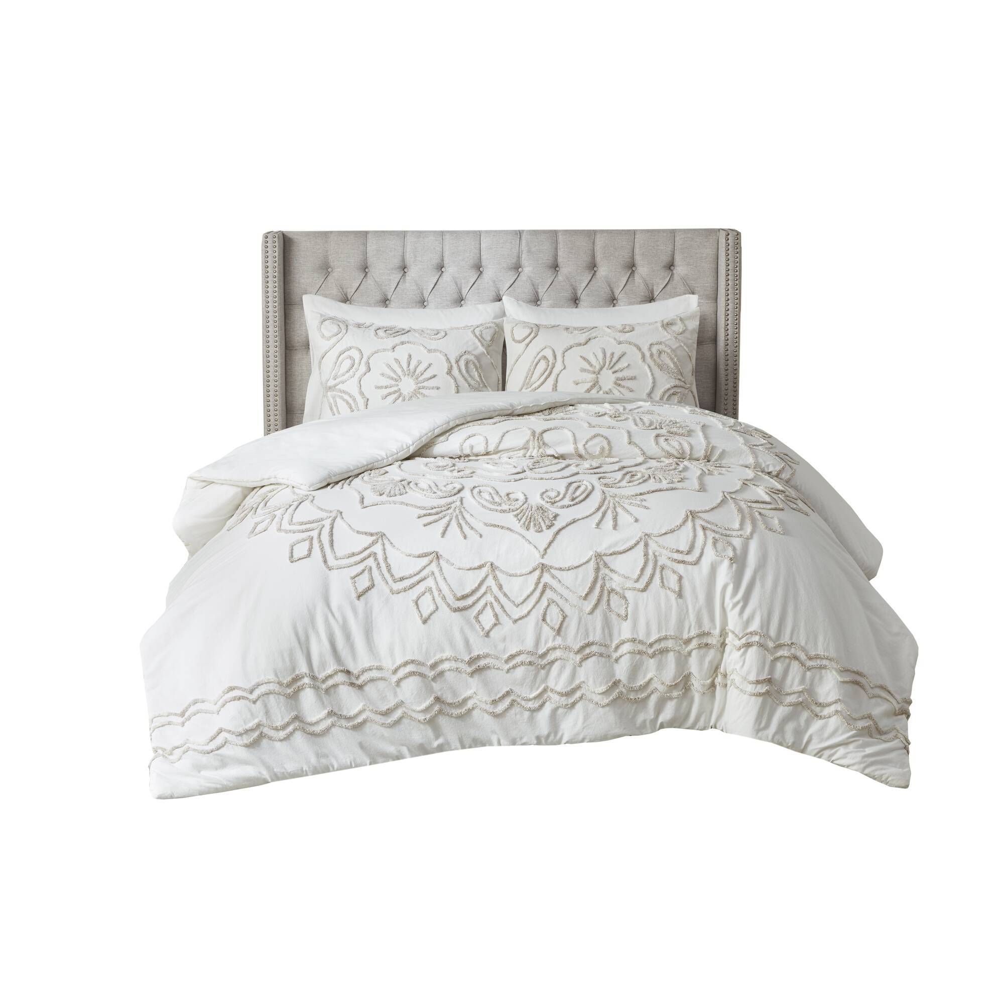 Violette - King 3 Piece Tufted Duvet Cover Set - Ivory / Taupe