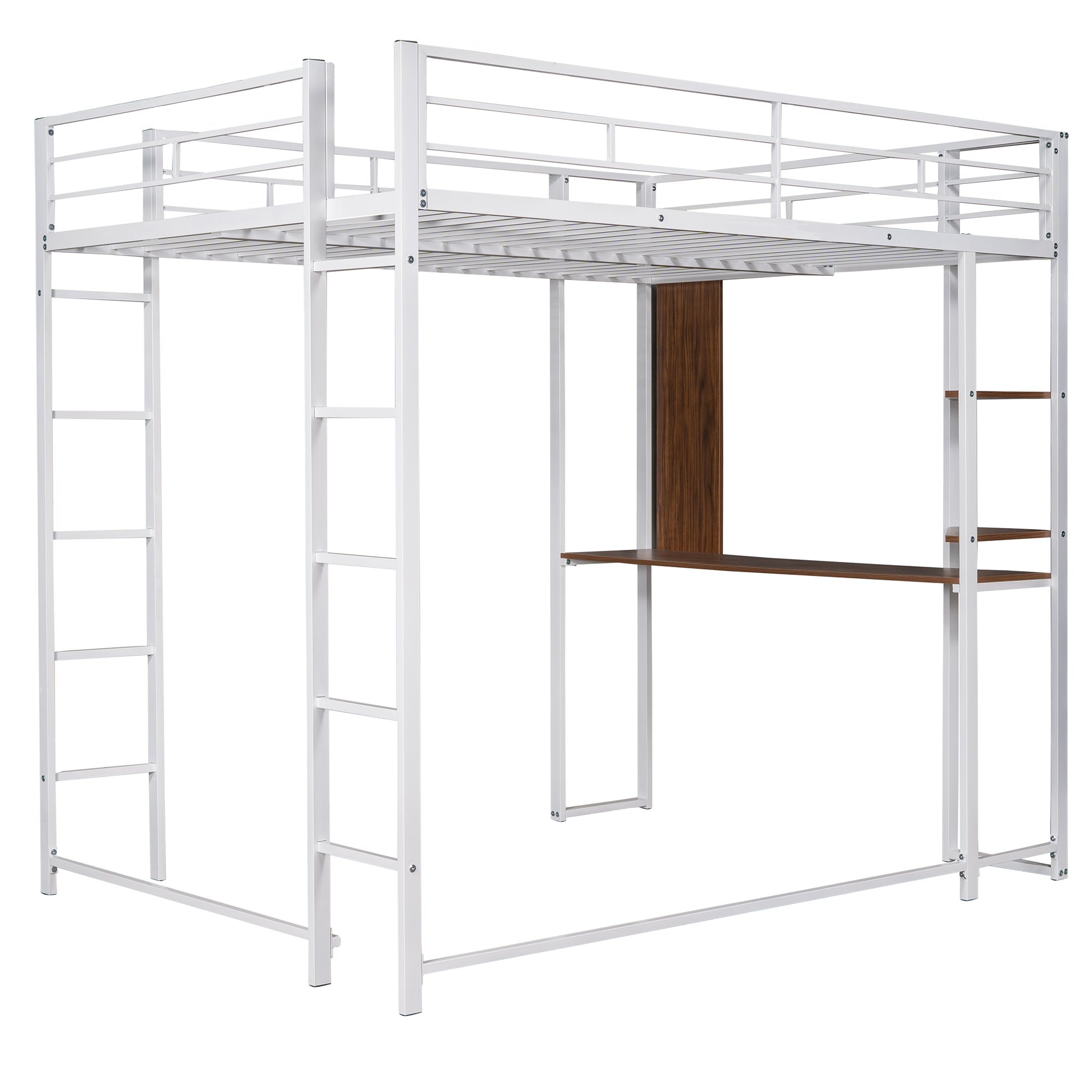 Full Size Metal Loft Bed with 2 Shelves and one Desk ,White (Old SKU: LP000191AAK )