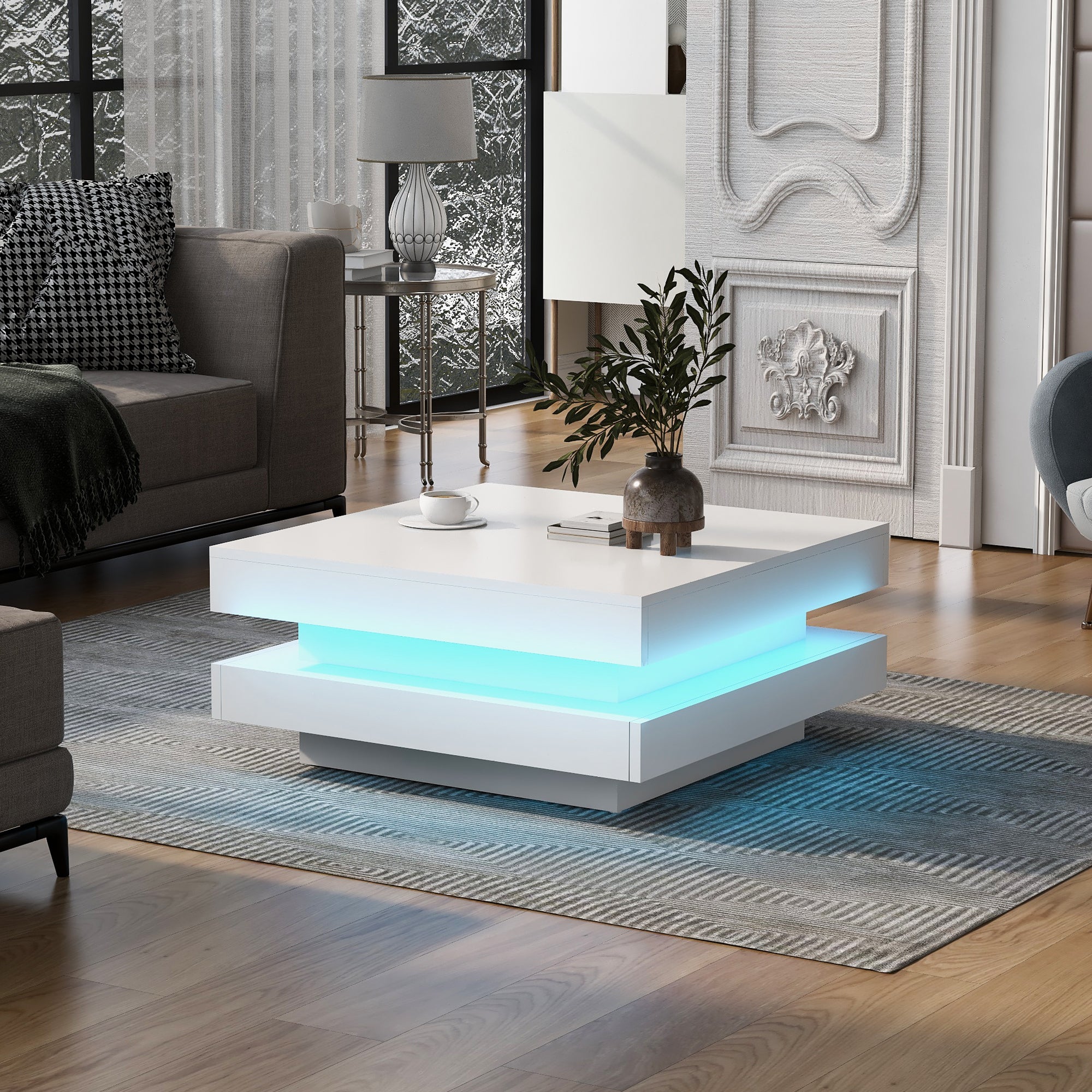 High Gloss Minimalist Design with LED Lights, 2-Tier Square Coffee Table, Center Table for Living Room, 31.5''x31.5''x14.2'', White