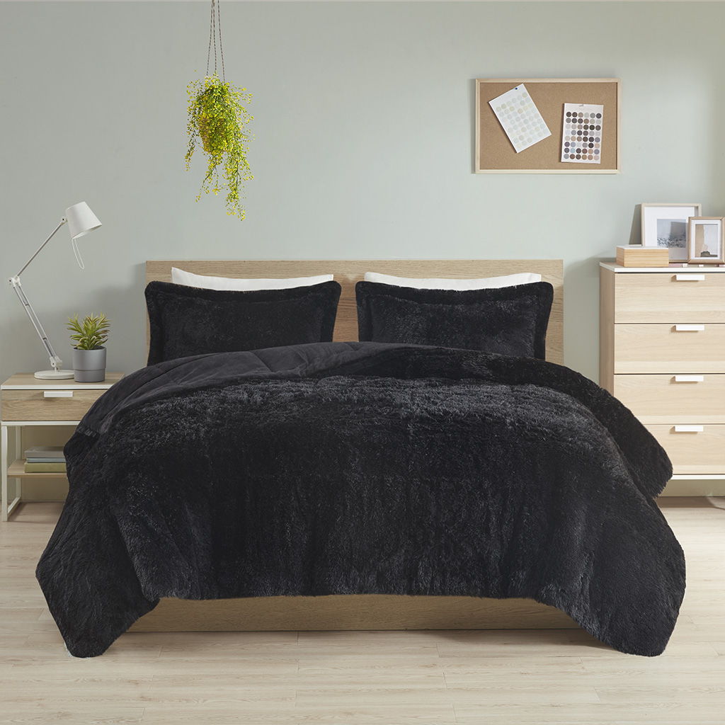 Malea - Shaggy Long Comforter Mini Set - Black