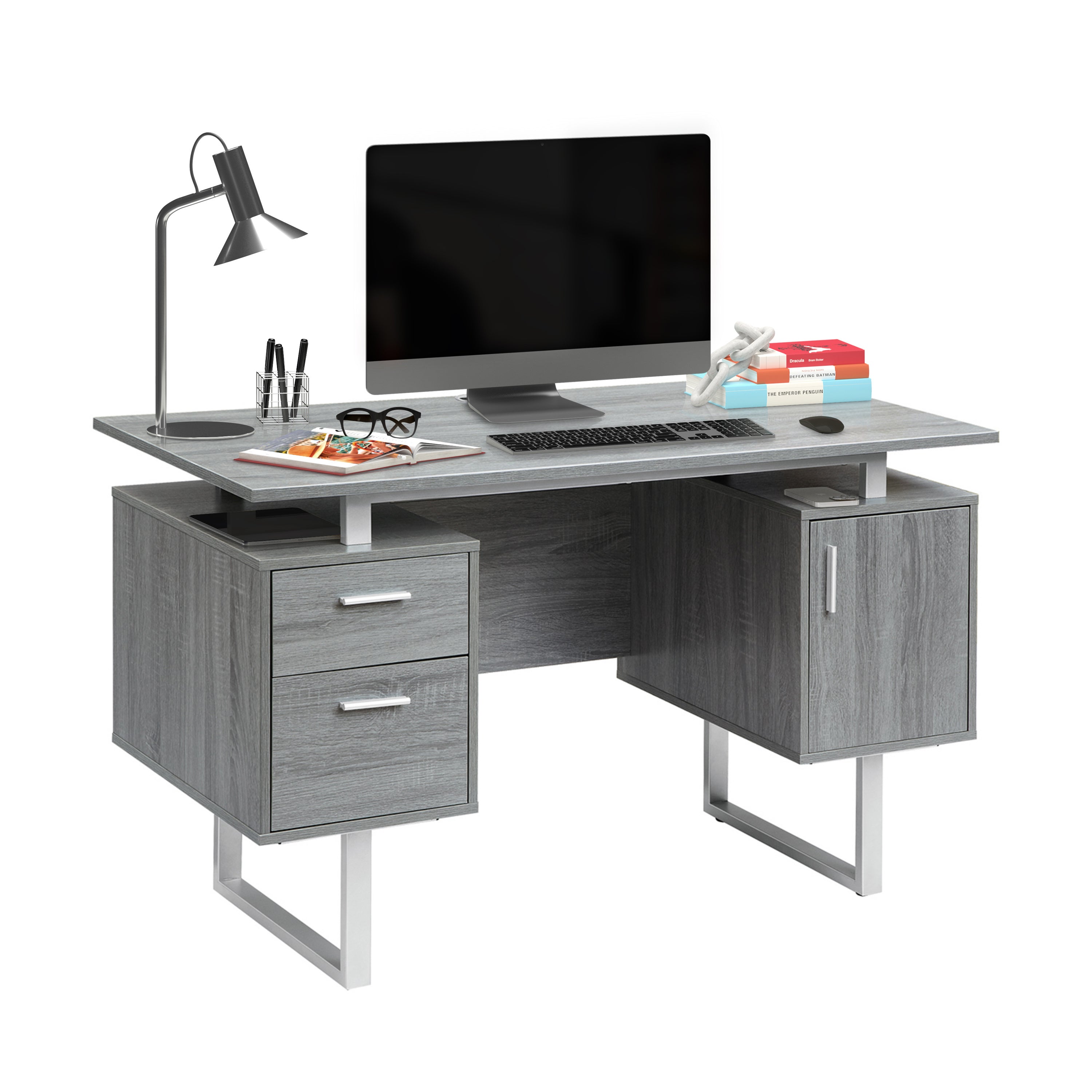 Techni Mobili Modern Office Desk with Storage, Grey