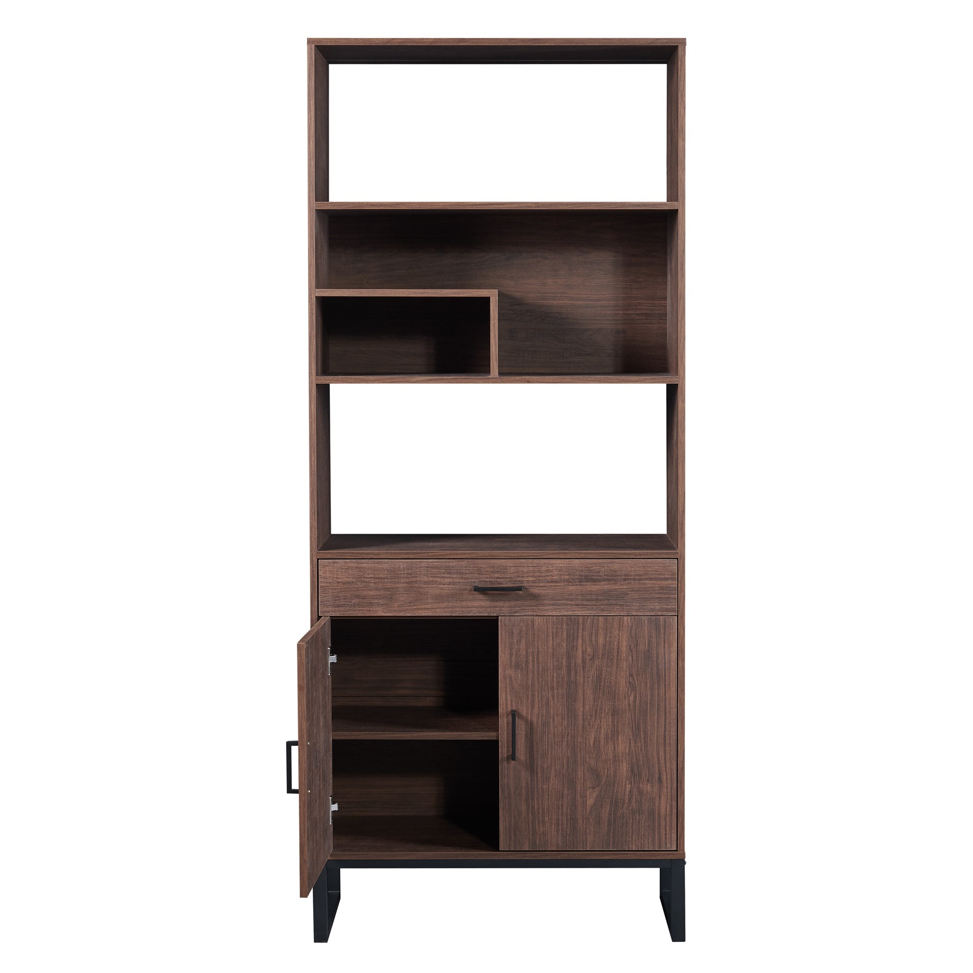 75.9"Modern Open Bookshelf with Doors, Bookcase with Storage drawer and LED Strip Lights,Free Standing Display Rack,Wooden Tall Bookshelf for Living Room and Office, Walnut