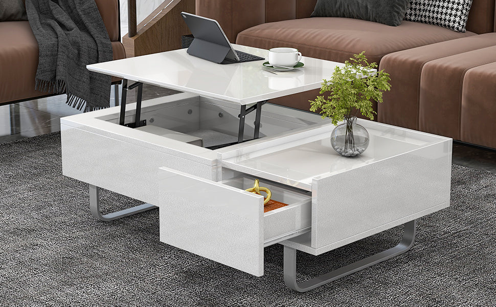 Multi-functional Coffee Table with Lifted Tabletop, Contemporary Cocktail Table with Metal Frame Legs, High-gloss Surface Dining Table for Living Room, White