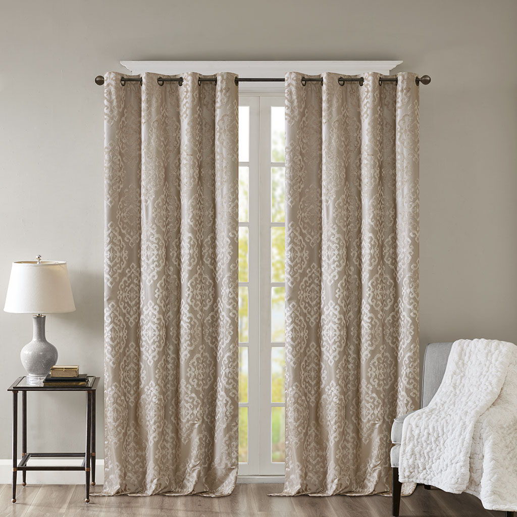 Mirage - 108" Knitted Damask Total Blackout Grommet Top Curtain Panel - Champagne