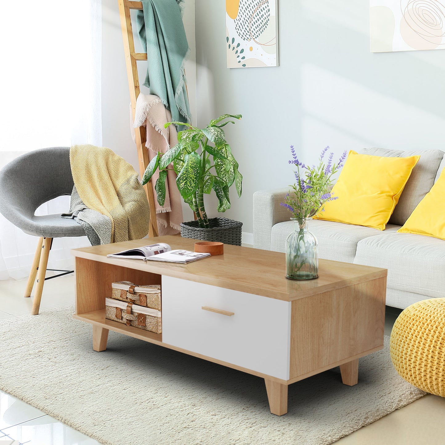 COFFEE TABLE computer table, wood+white color, solid wood handles and legs, two drawers