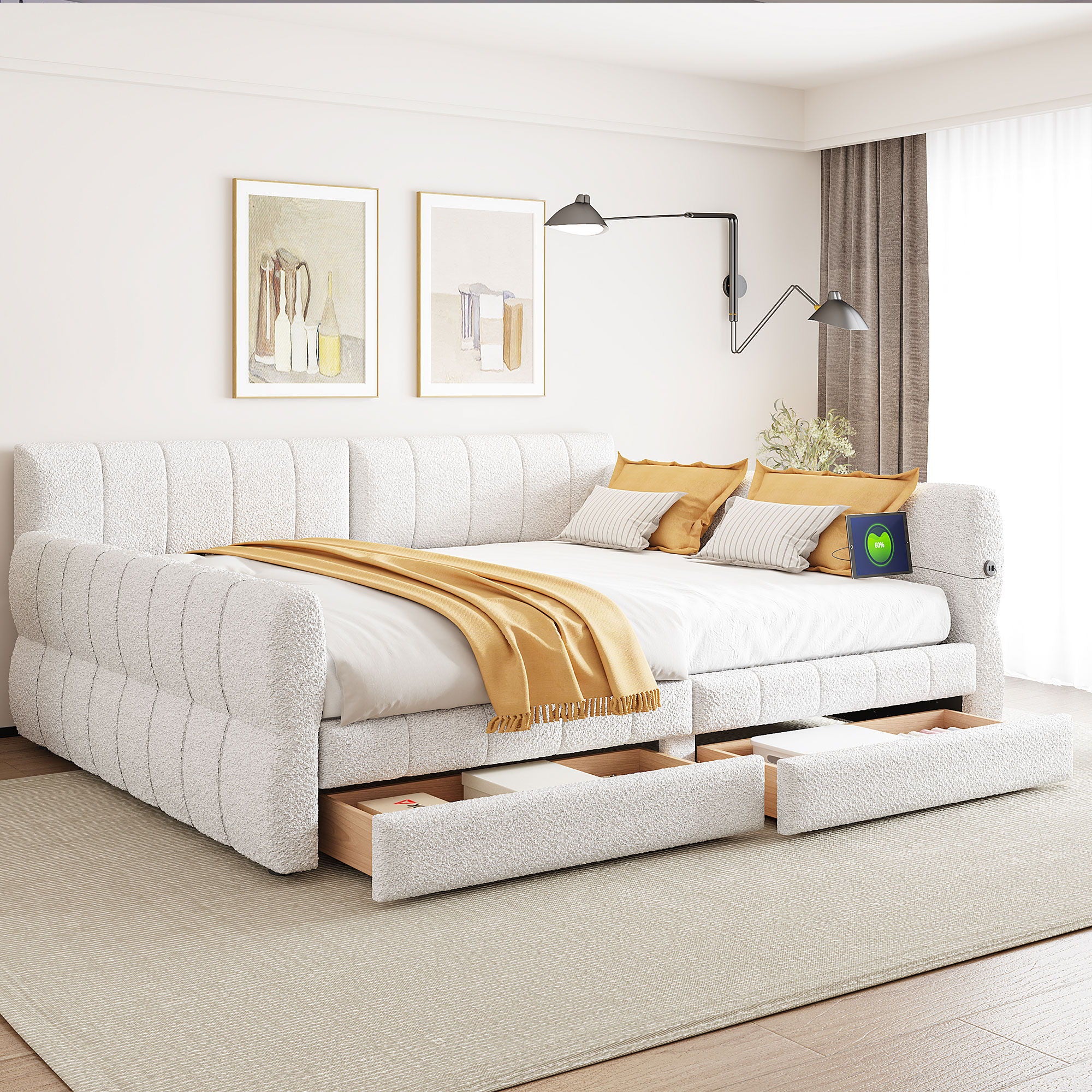 Queen Upholstered Platform Bed With USB Charging And 2 Storage Drawers - White