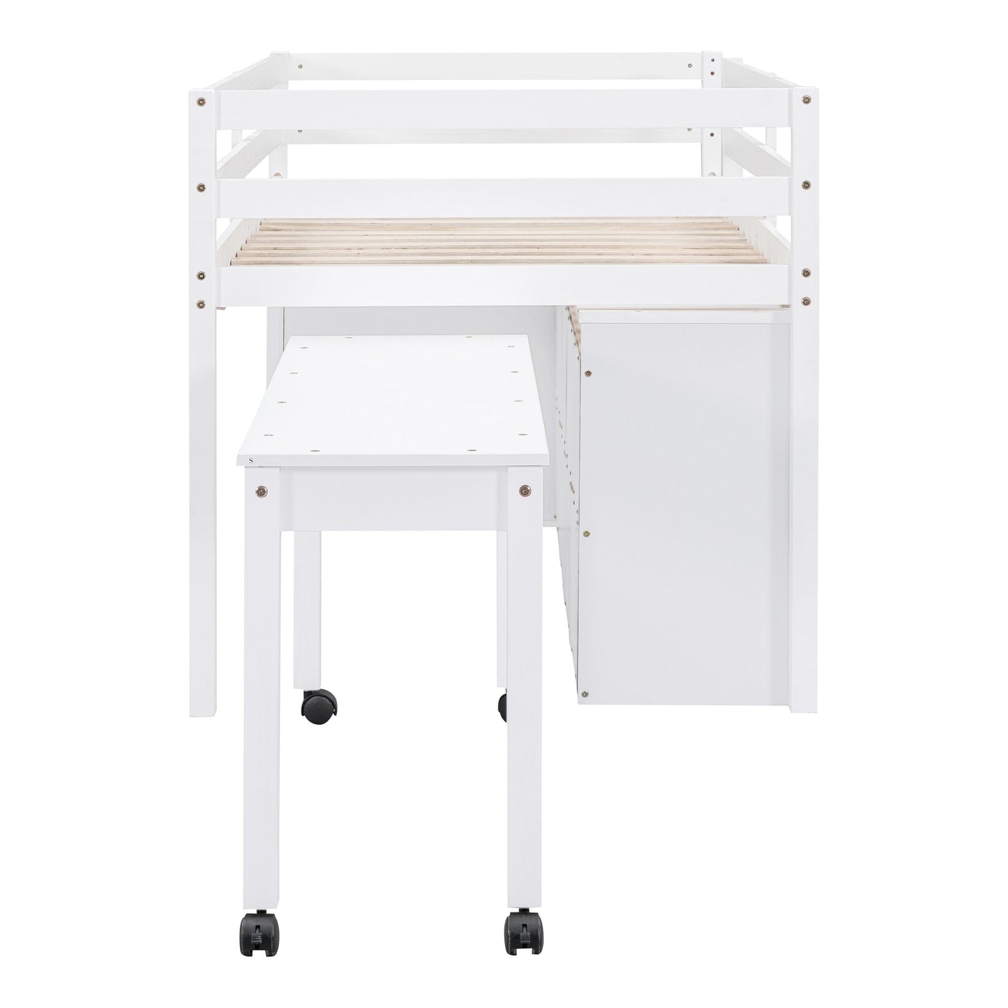 Twin Size Loft Bed with Retractable Writing Desk and 4 Drawers, Wooden Loft Bed with Lateral Portable Desk and Shelves, White
