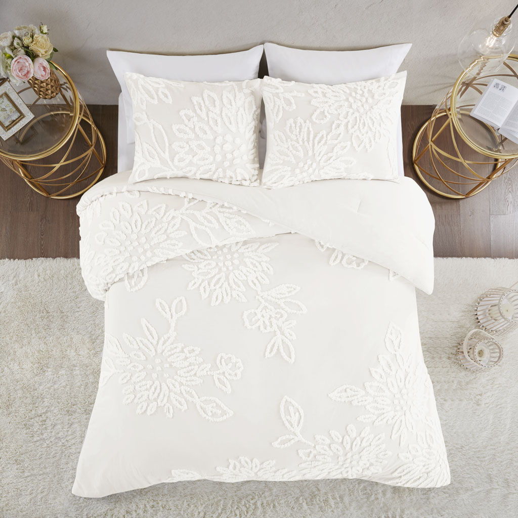Veronica - 3 Piece Tufted Floral Comforter Set - Off White