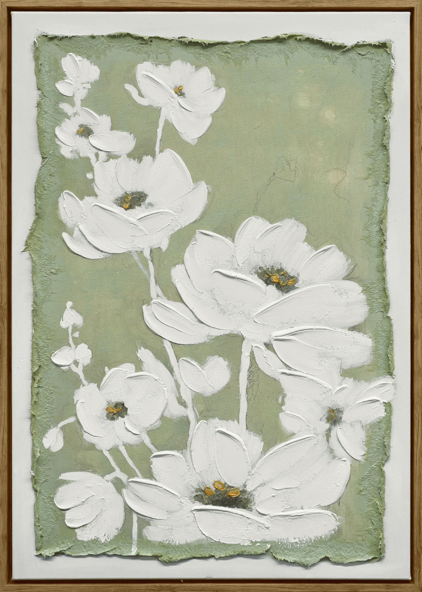 "Blossom Serenity I" Hand-Embellished Canvas In Frame - Green / White
