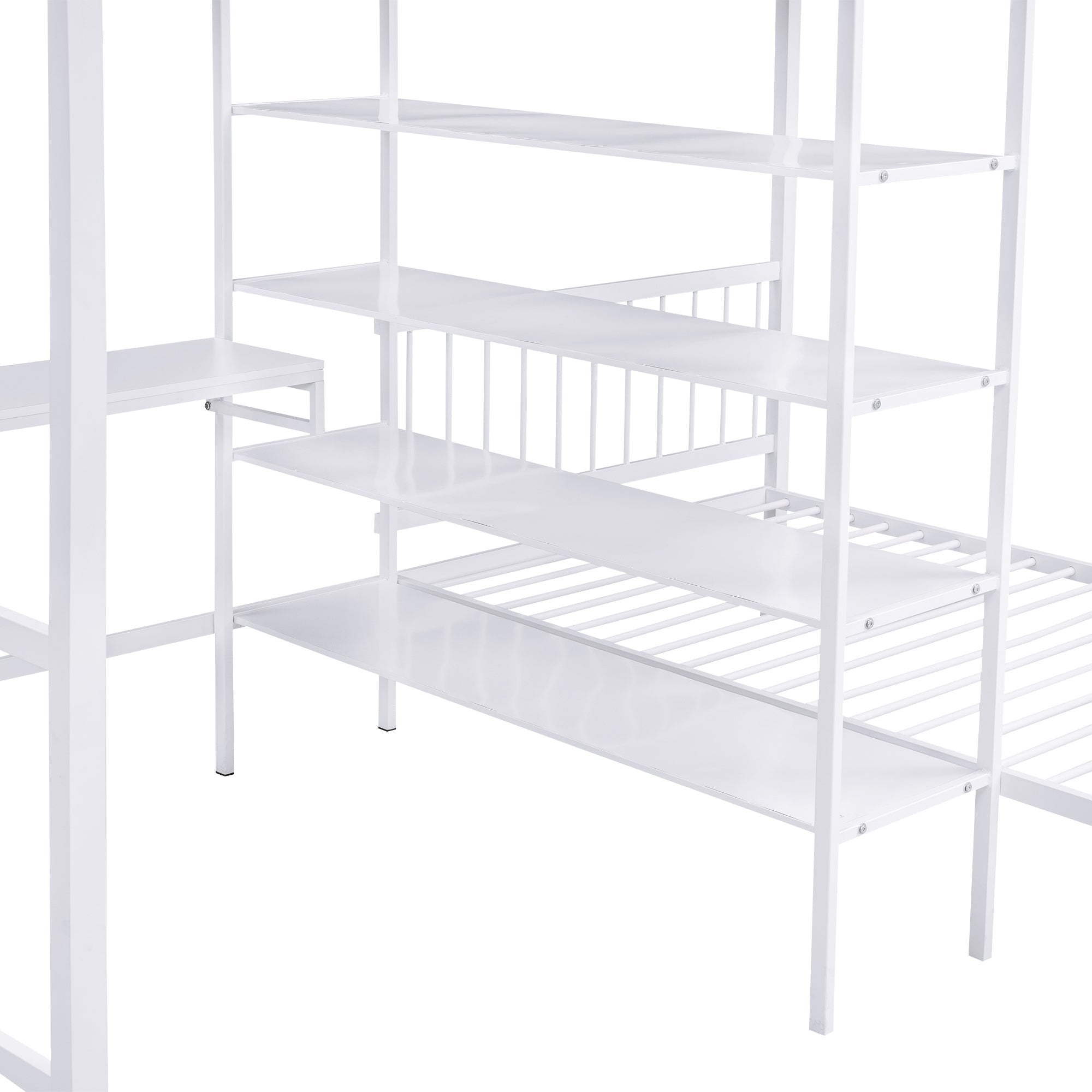 Full Over Twin Metal Bunk Bed with Built-in Desk, Shelves and Ladder, White