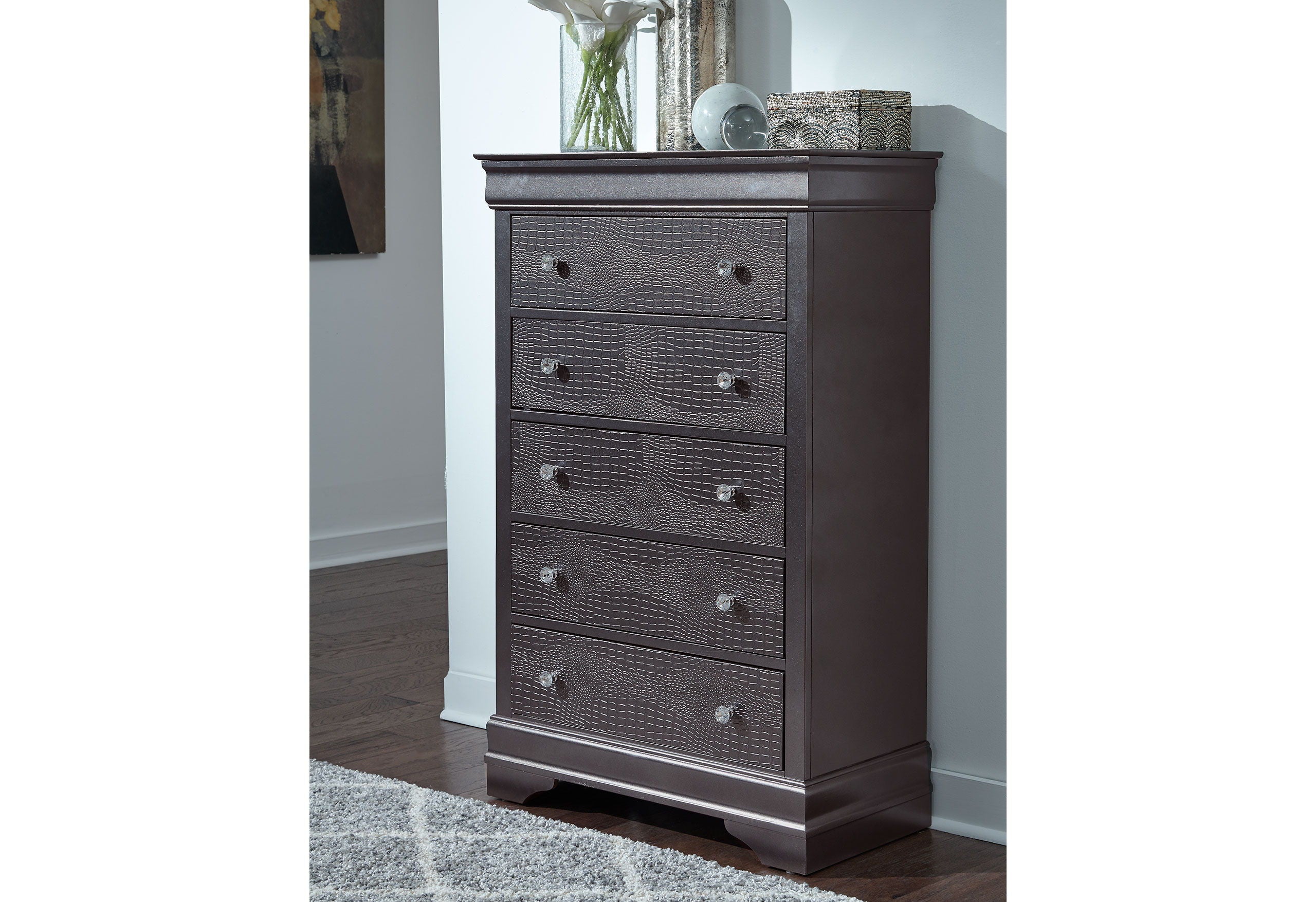 Pompei - 5 Piece Full Bedroom Set With LED - Metallic Gray