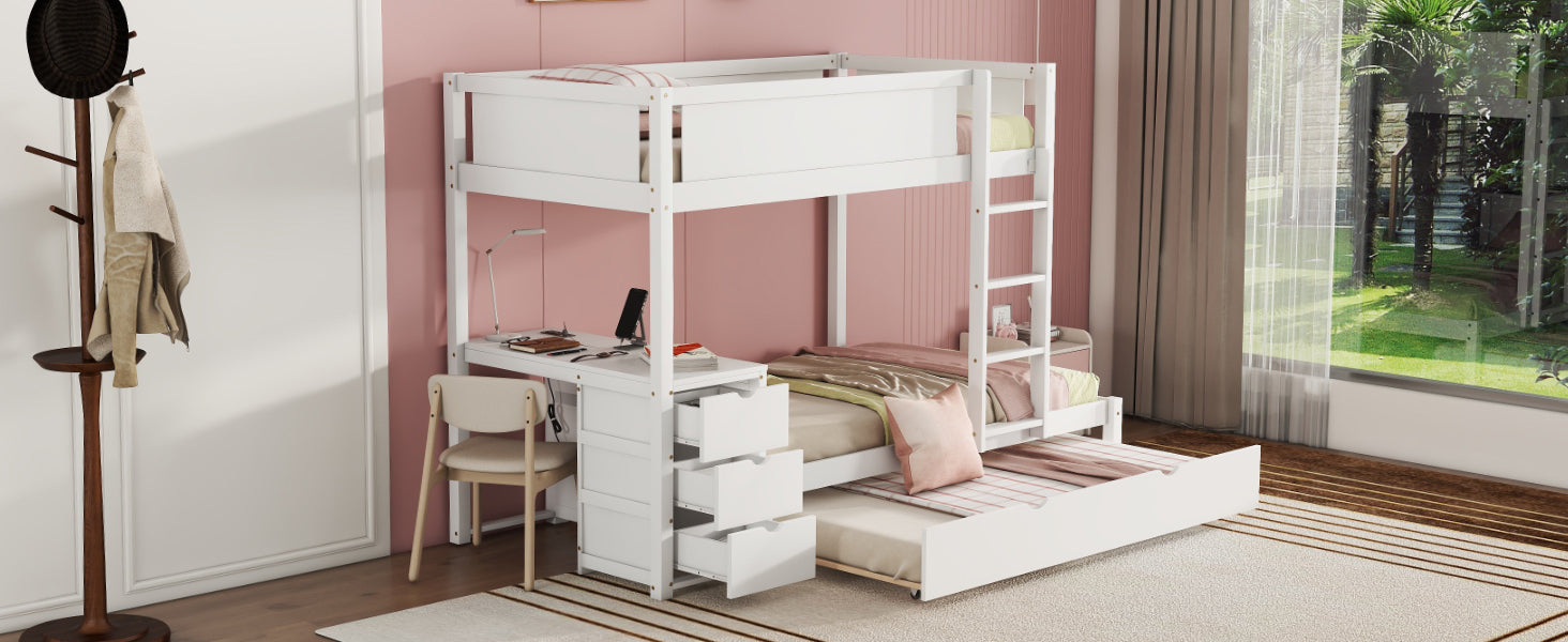 Twin-Over-Twin Bunk Bed with Twin size Trundle, Storage and Desk, White