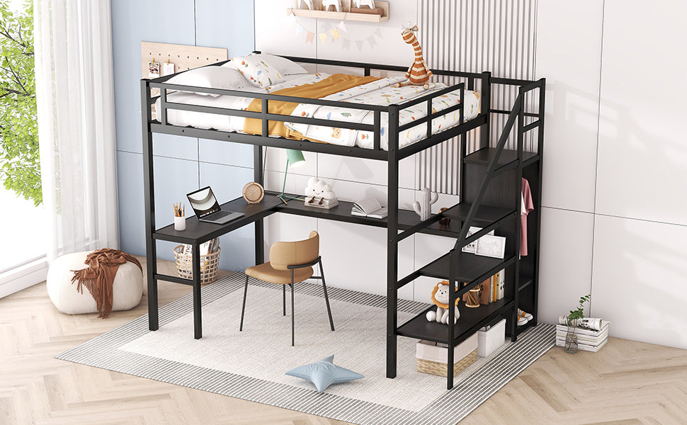 Full Size Loft Bed with L-shaped Desk and USB, Metal Loft Bed with Wardrobe and Adjustable Shelf, High Loft Bed with LED for Kids Teens Adults, Black