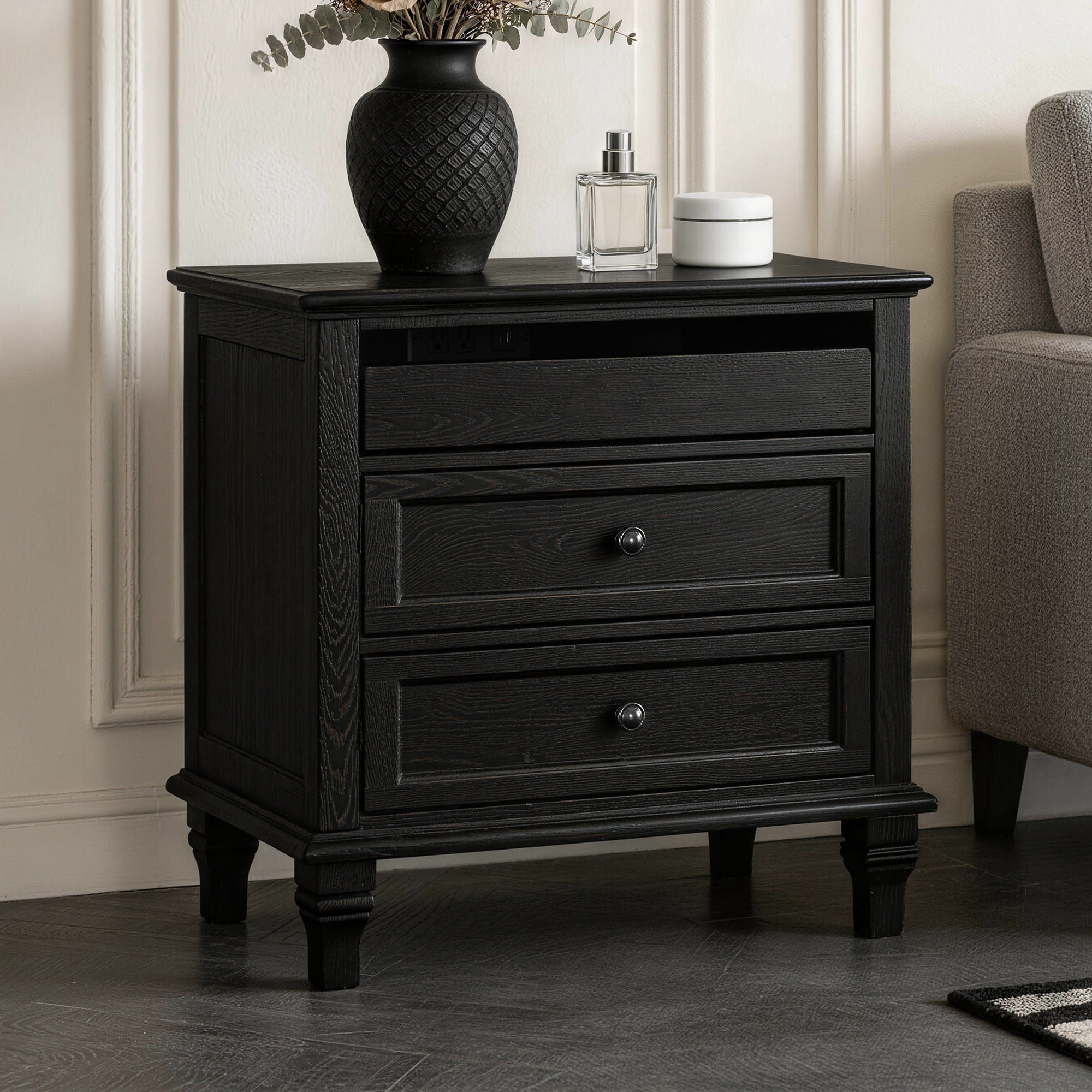 Nightstand With Charging Station, 3 Drawer Storage Table