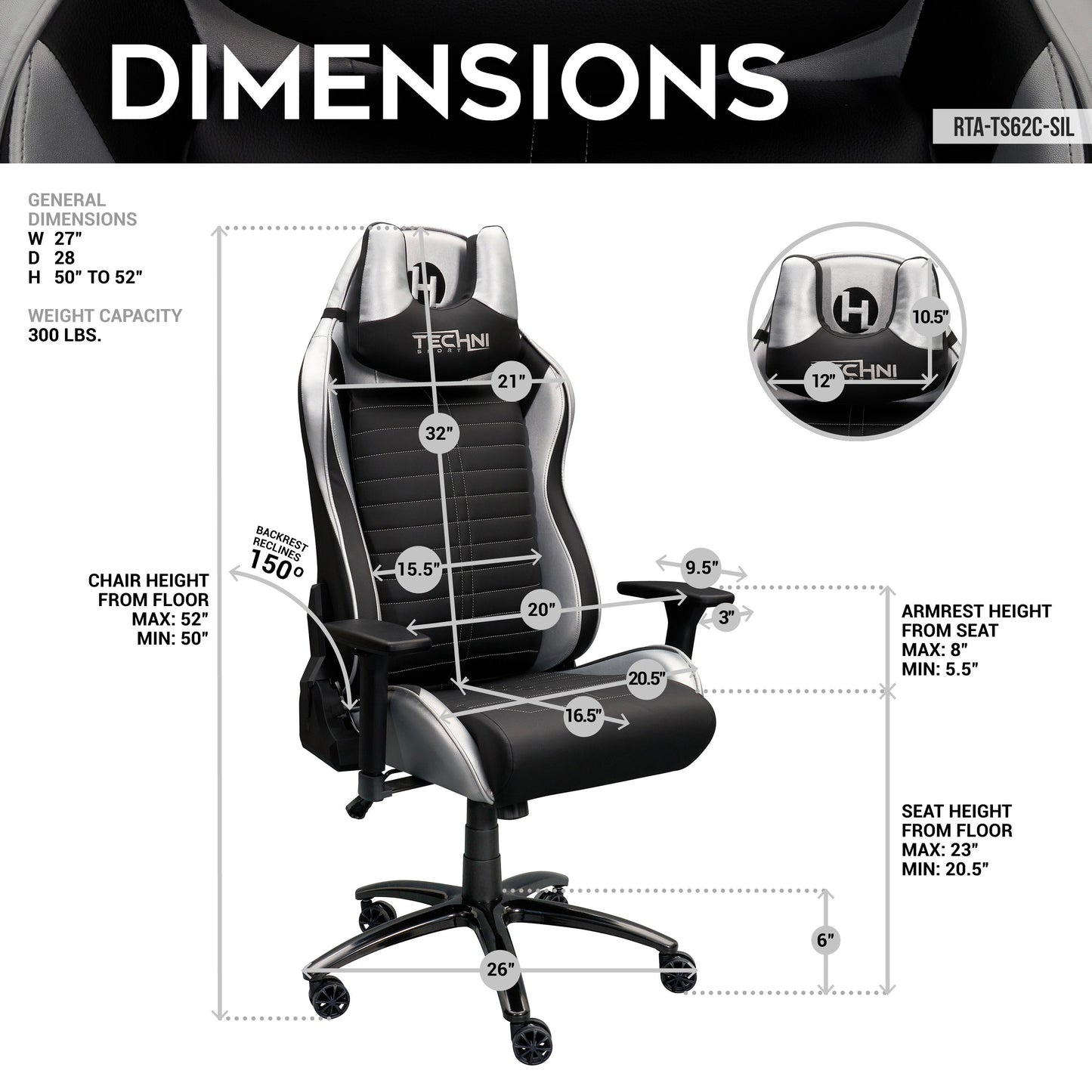 Techni Sport Ergonomic Racing Style Gaming  Chair - Silver