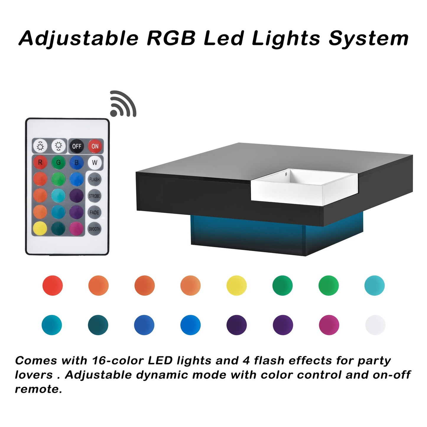 Modern Minimalist Design 31.5*31.5in Square Coffee Table with Detachable Tray and Plug-in 16-color LED Strip Lights Remote Control for Living Room (OLD SKU: WF291303AAB )