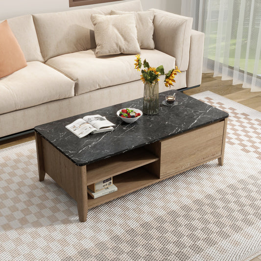 47 Inch Modern Farmhouse Double Drawer Coffee Table for Living Room or Office , Tobacco Wood and Marble Texture