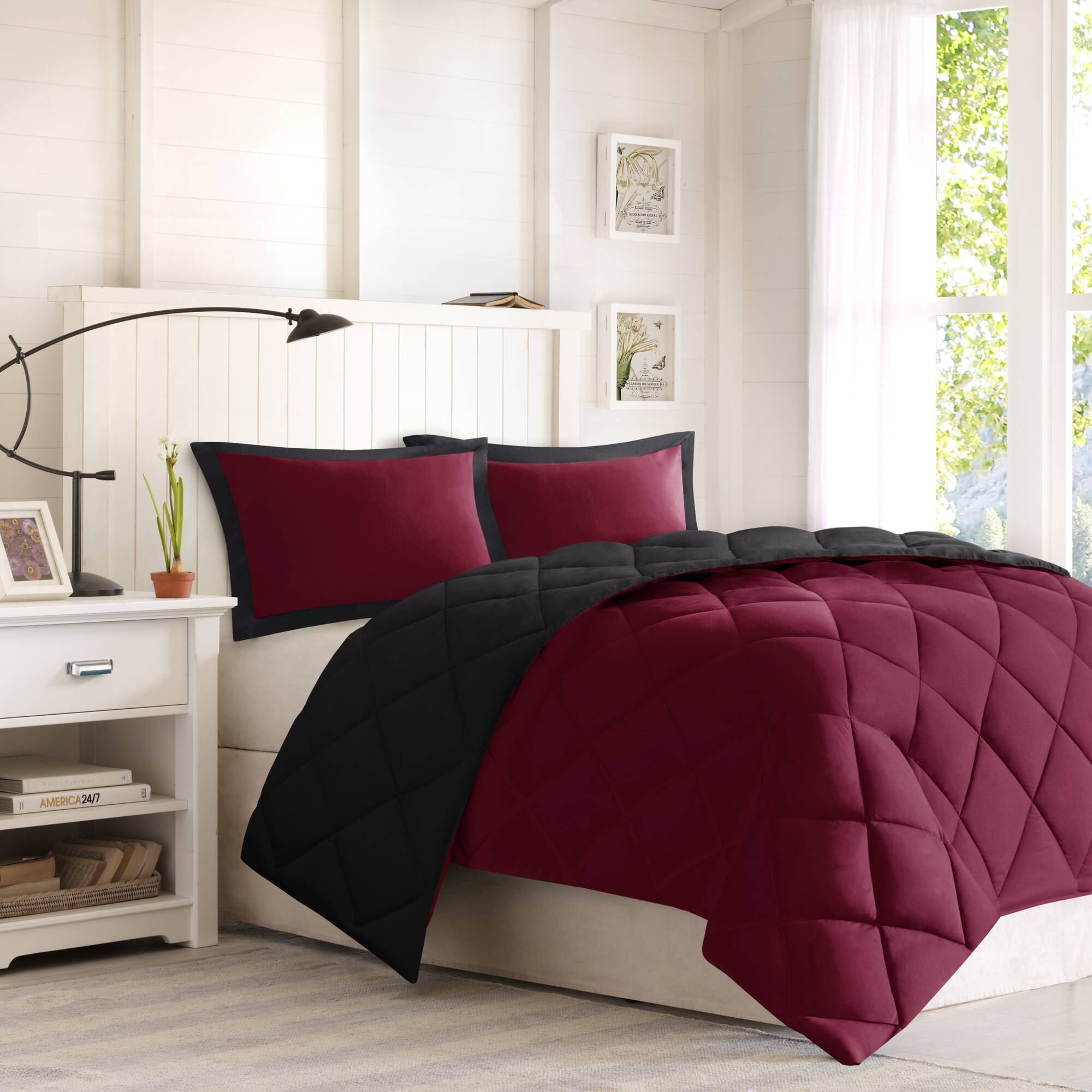 Larkspur - Full/Queen 3M Scotchgard Diamond Quilting Reversible Down Alternative Comforter Set - Red/Black
