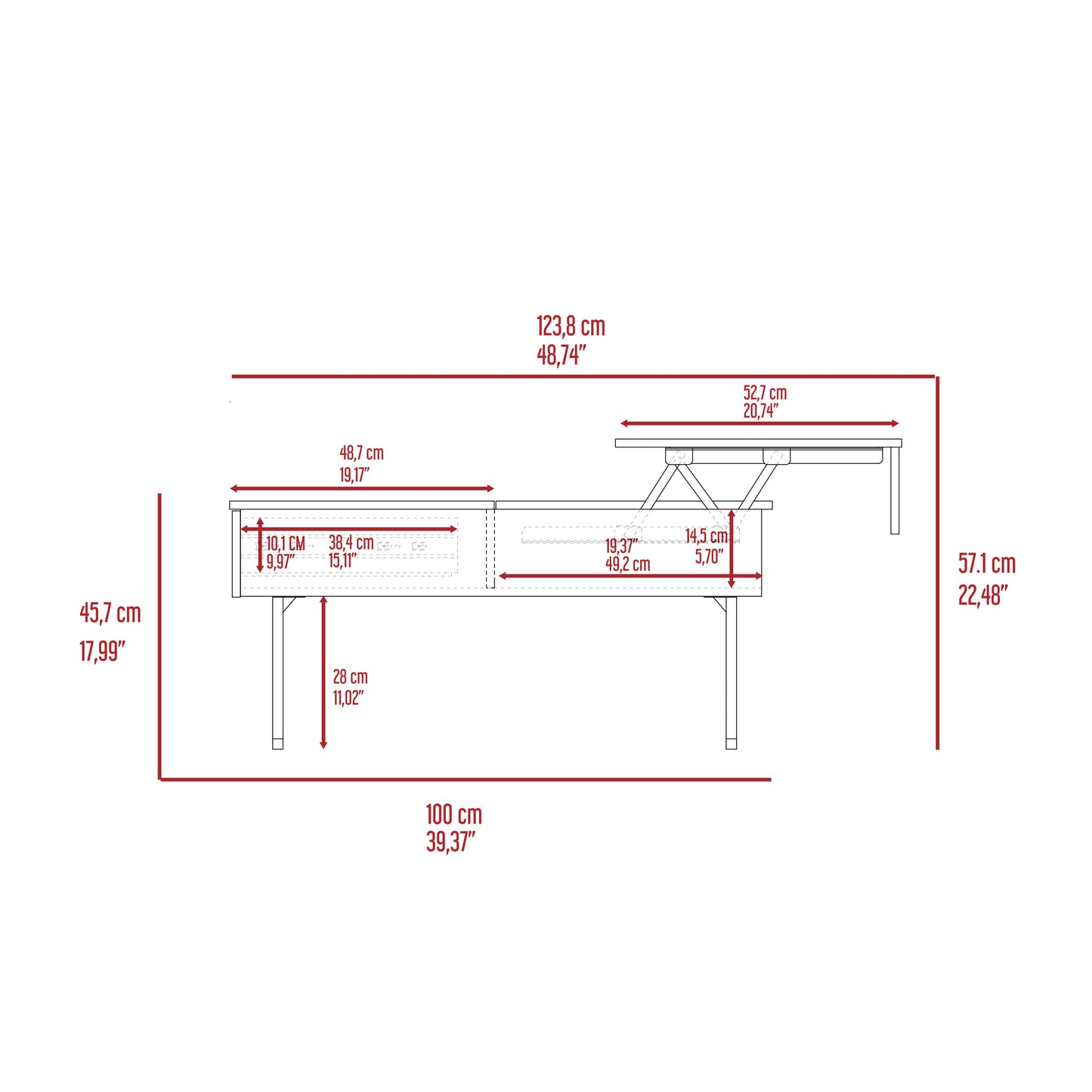 Lift Top Coffee Table 2 Dazza, One Drawer, Carbon Espresso / Onyx Finish