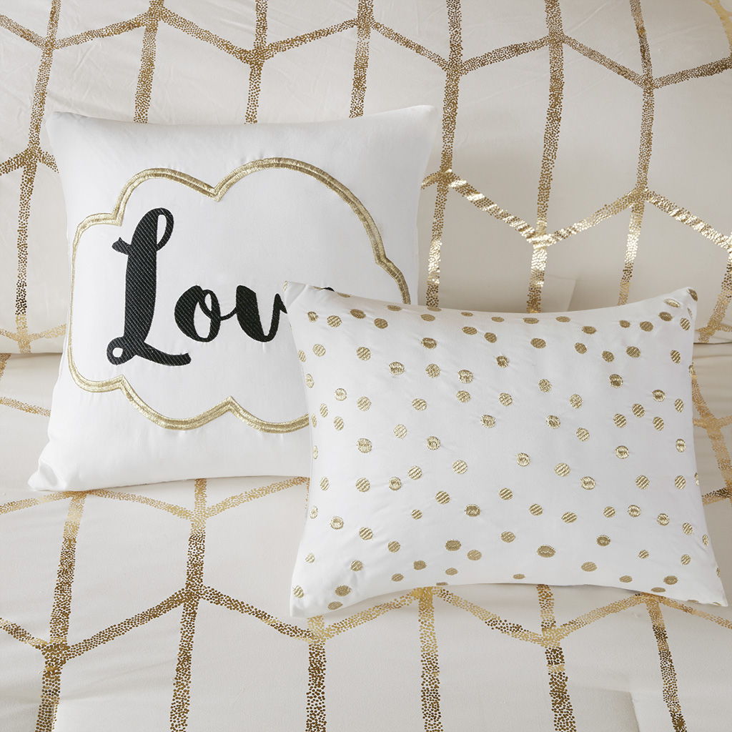 Raina - King Metallic Printed Comforter Set - Ivory / Gold