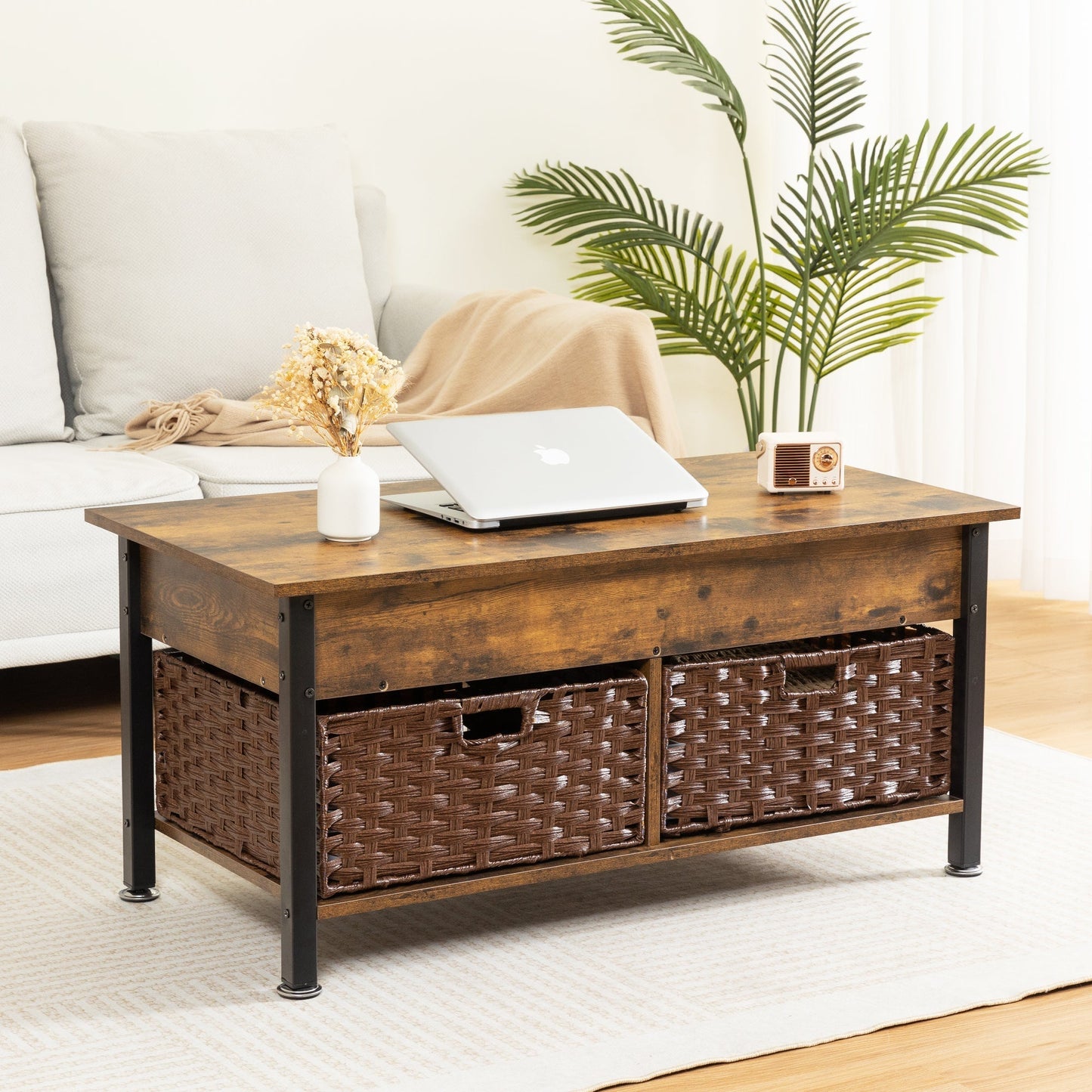 Metal coffee table,desk,with a lifting table,and hidden storage space.There were two removable wicker baskets that could be placed in any space such as the living room,color:brown with fire wood grain