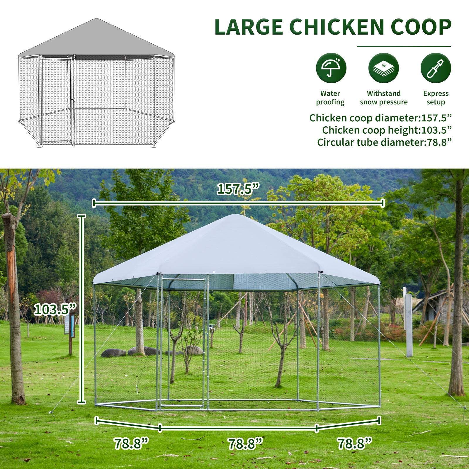 Large Chicken Coop Hexagonal, Steel Wire Dipped Plastic Mesh, Oxford Cloth Plated Waterproof And UV Resistant, Ducks, Rabbits, Sheep And Birds Outdoor House - Silver