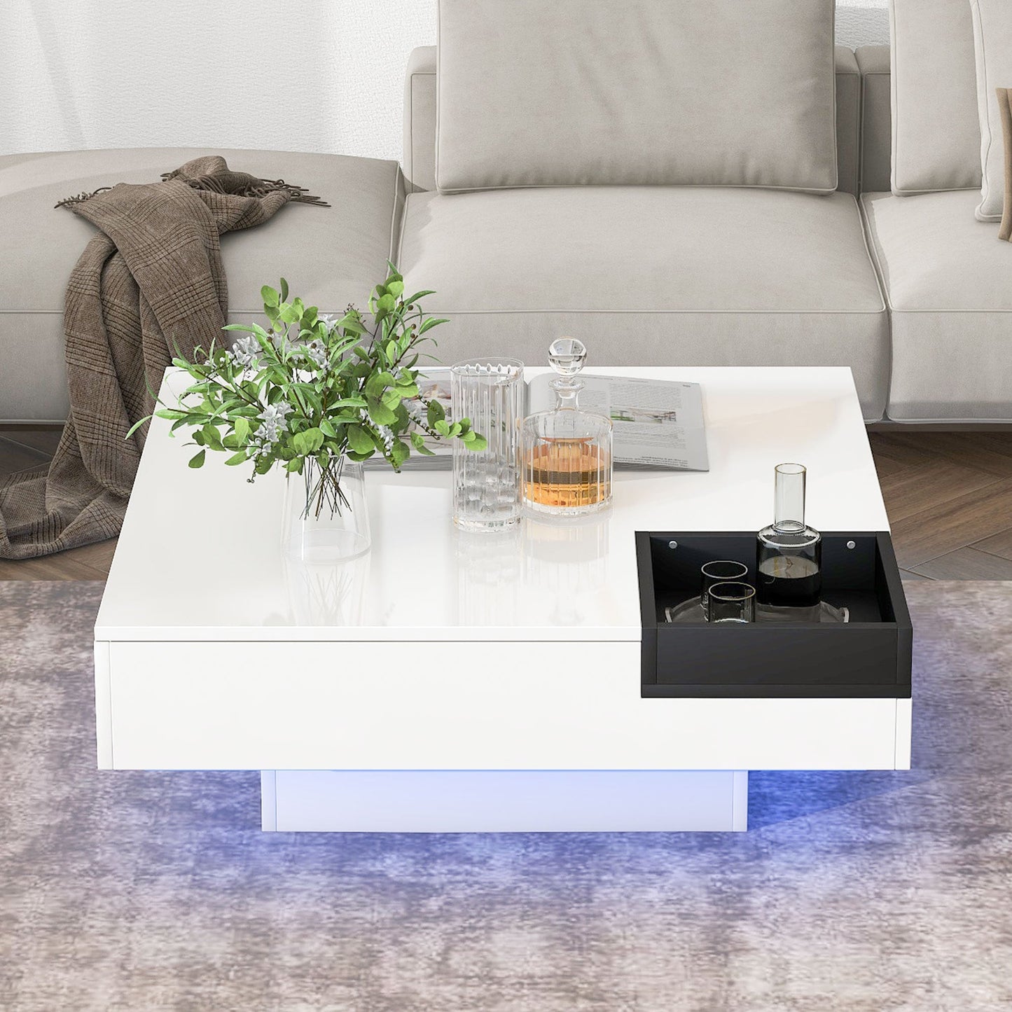 Modern Minimalist Design 31.5*31.5in Square Coffee Table with Detachable Tray and Plug-in 16-color LED Strip Lights Remote Control for Living Room( OLD SKU: WF291303AAK )