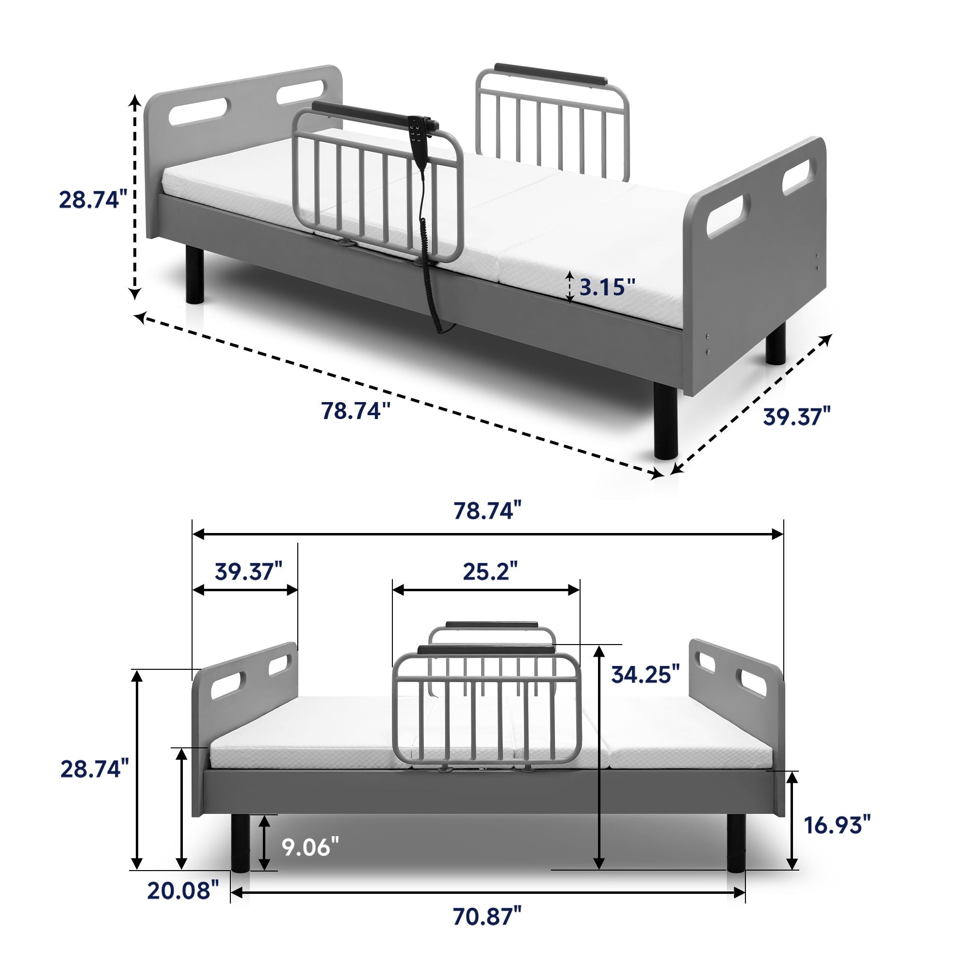 Electric Adjustable Hospital Bed For Home Use With Wired Remote Control, Memory Foam Mattress - Gray / White