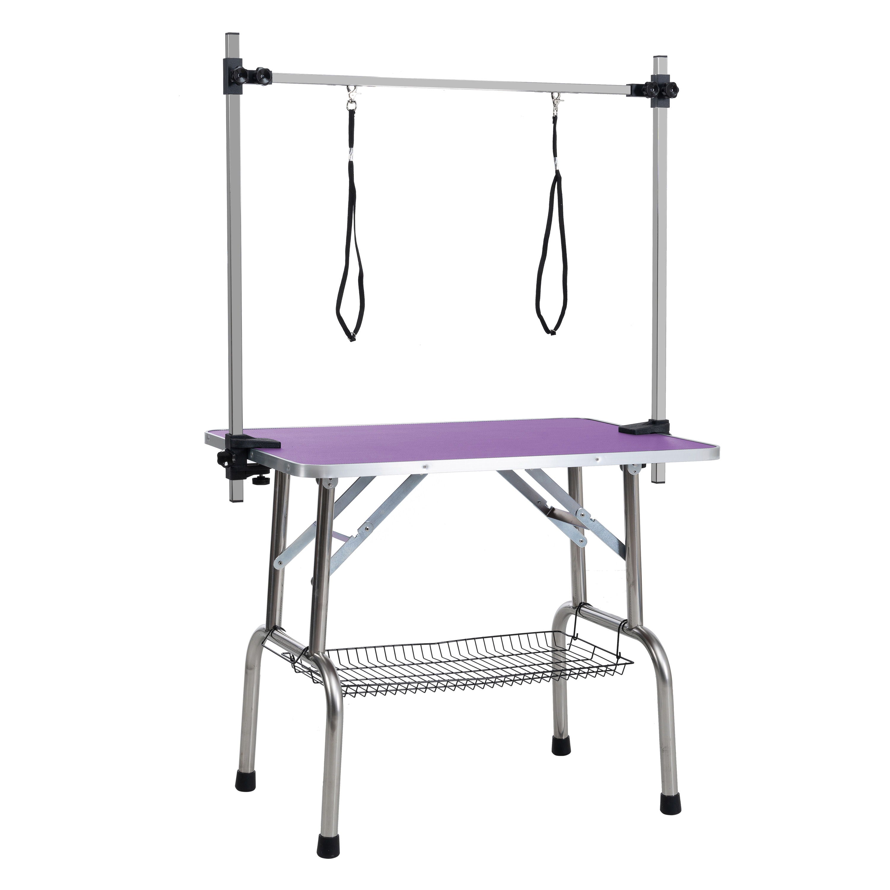 Folding Dog Pet Grooming Table Stainless Steel Frame Rubber Mat On Board With Adjustable Arm And Clamps Pet Dog Cat Grooming Table